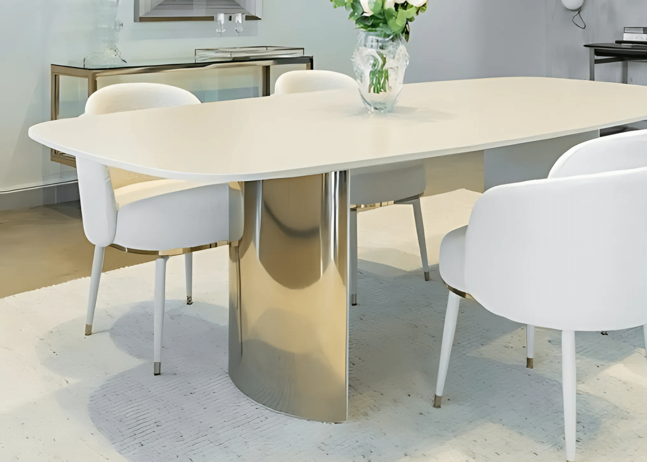 Mesa de jantar Imperial com base em aço inox dourado e tampo branco, combinando sofisticação e elegância para ambientes refinados.