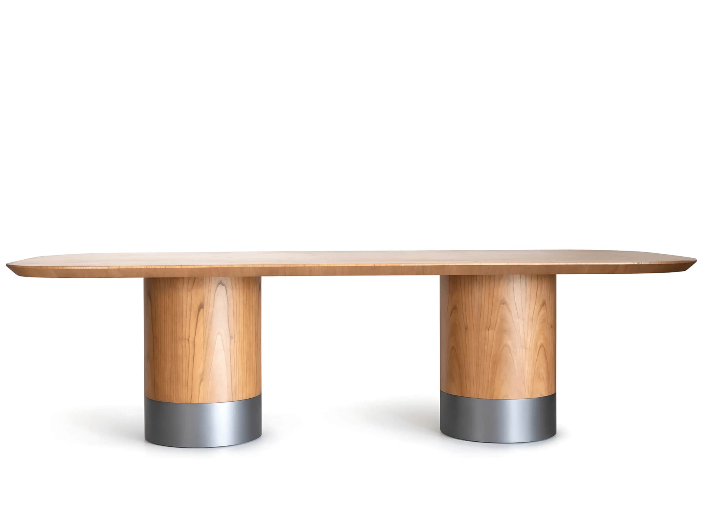 Mesa de jantar moderna com tampo retangular e base em madeira e metal onix – ideal para salas de jantar moderna e de alto padrão.