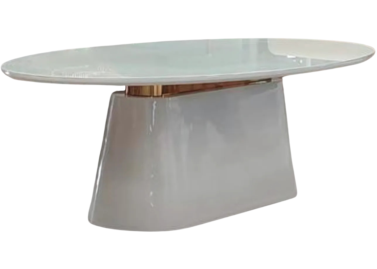 Mesa de jantar Favo com tampo laqueado branco e vidro, base em MDF branco e inox. Peça de design moderno para interiores elegantes.