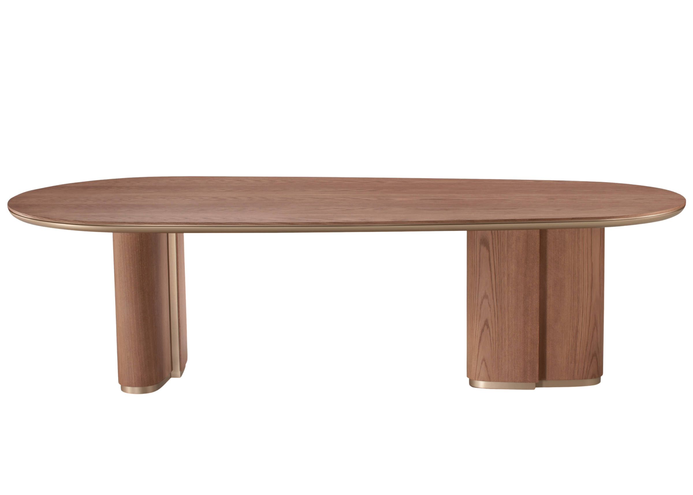 Mesa de jantar com formato orgânico e acabamento em carvalho natural. Design fluido e contemporâneo, ideal para composições elegantes, apresentada sobre fundo neutro.