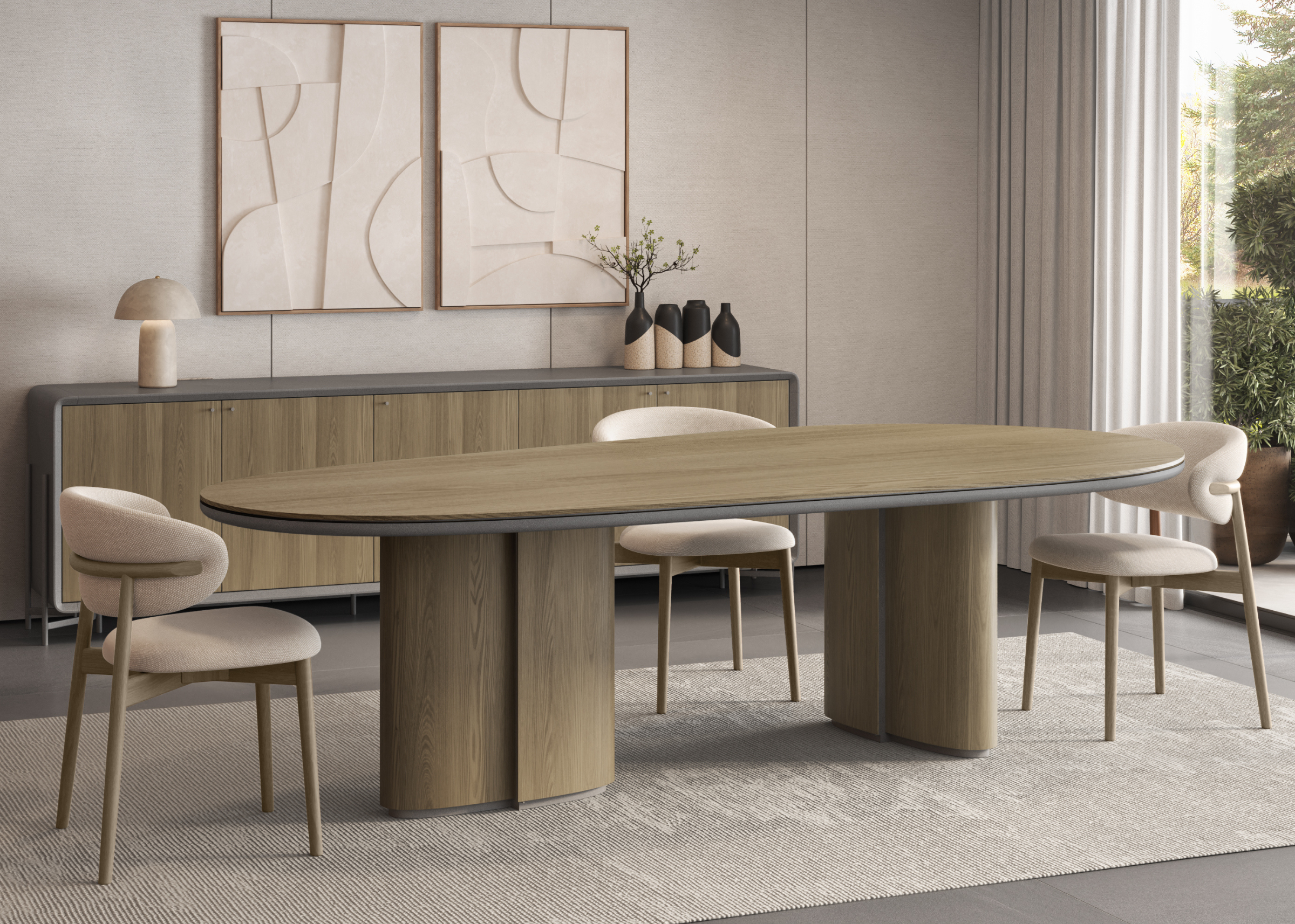 Mesa de jantar modelo Valence com formato orgânico, tampo em lâmina de carvalho e capacidade para seis lugares. Design moderno e elegante, ideal para salas de jantar contemporâneas, apresentada sobre fundo neutro.
