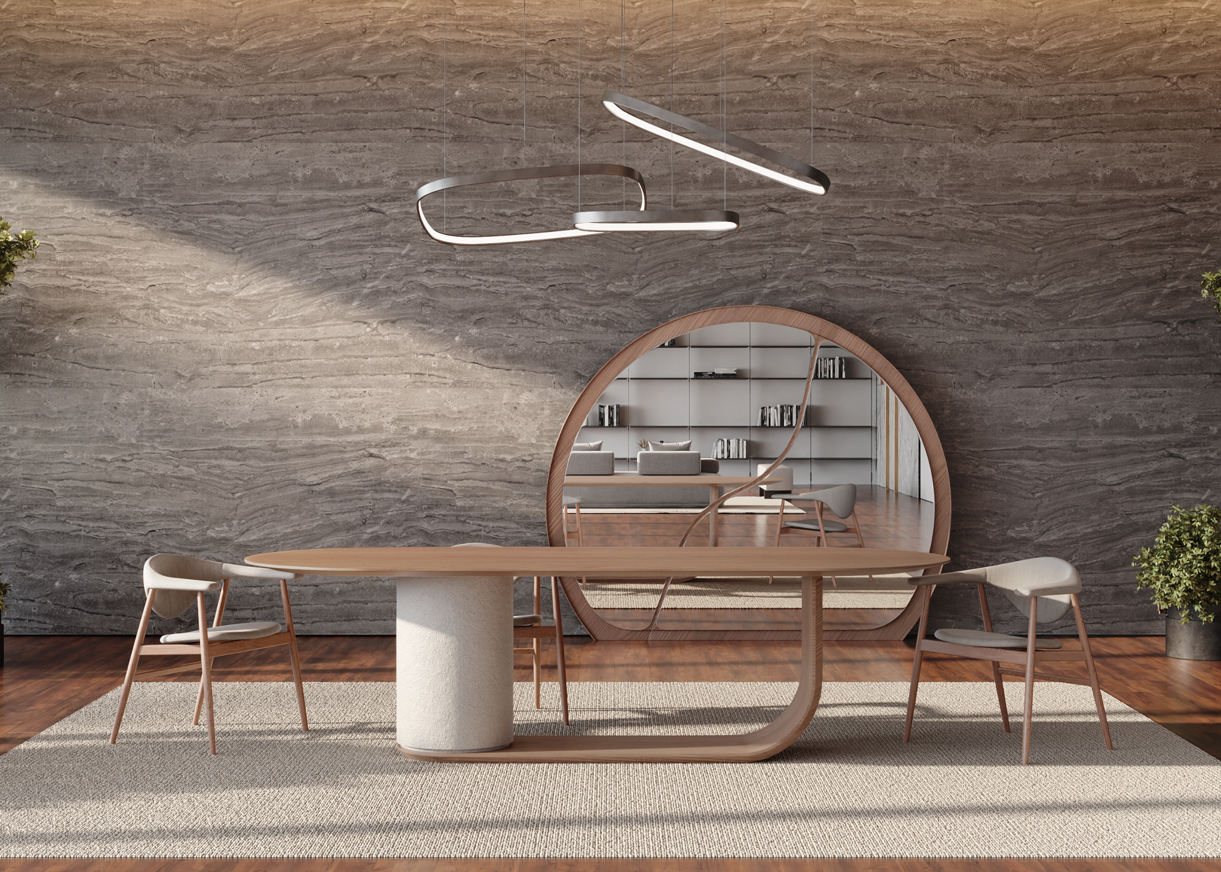 Mesa de jantar oval modelo Valetto com base curva em acabamento Sabi e tampo em laminado na cor Mel, design elegante e contemporâneo, ideal para salas de jantar sofisticadas.