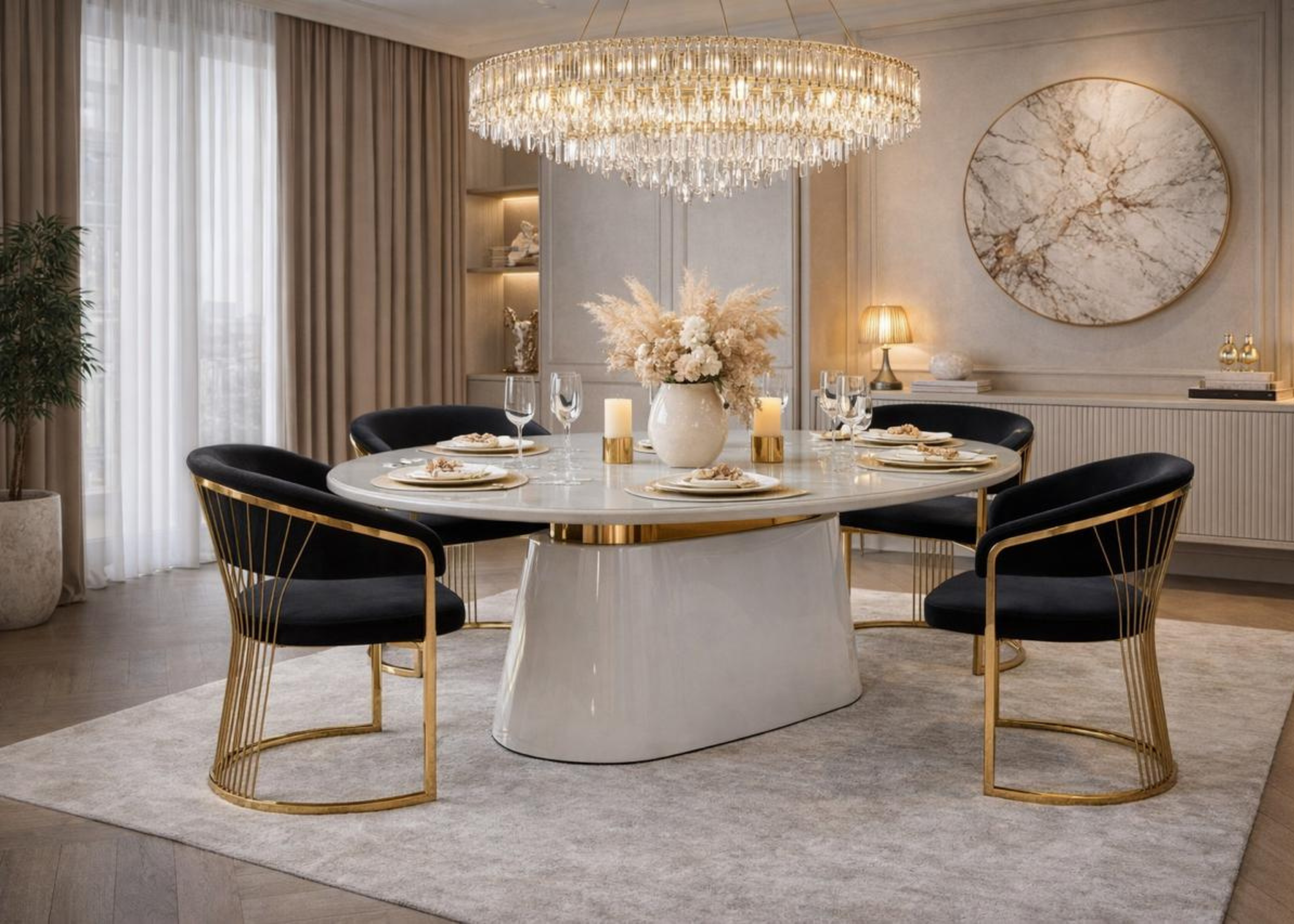 Mesa de jantar oval com acabamento dourado e design luxuoso, ideal para salas de jantar sofisticadas e ambientes elegantes.