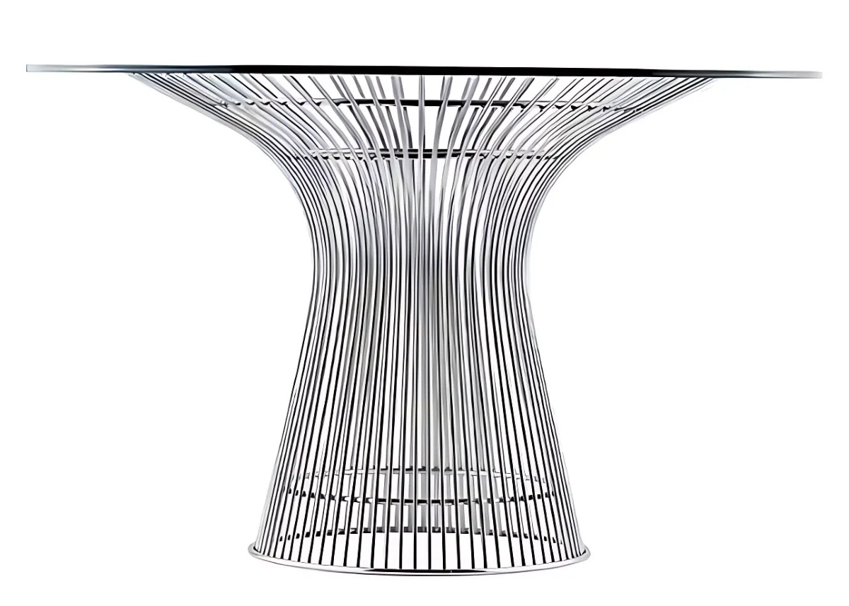 Mesa de jantar Platner com estrutura em aço inox polido, vista sobre fundo neutro. Design moderno e elegante, ideal para ambientes sofisticados e contemporâneos.