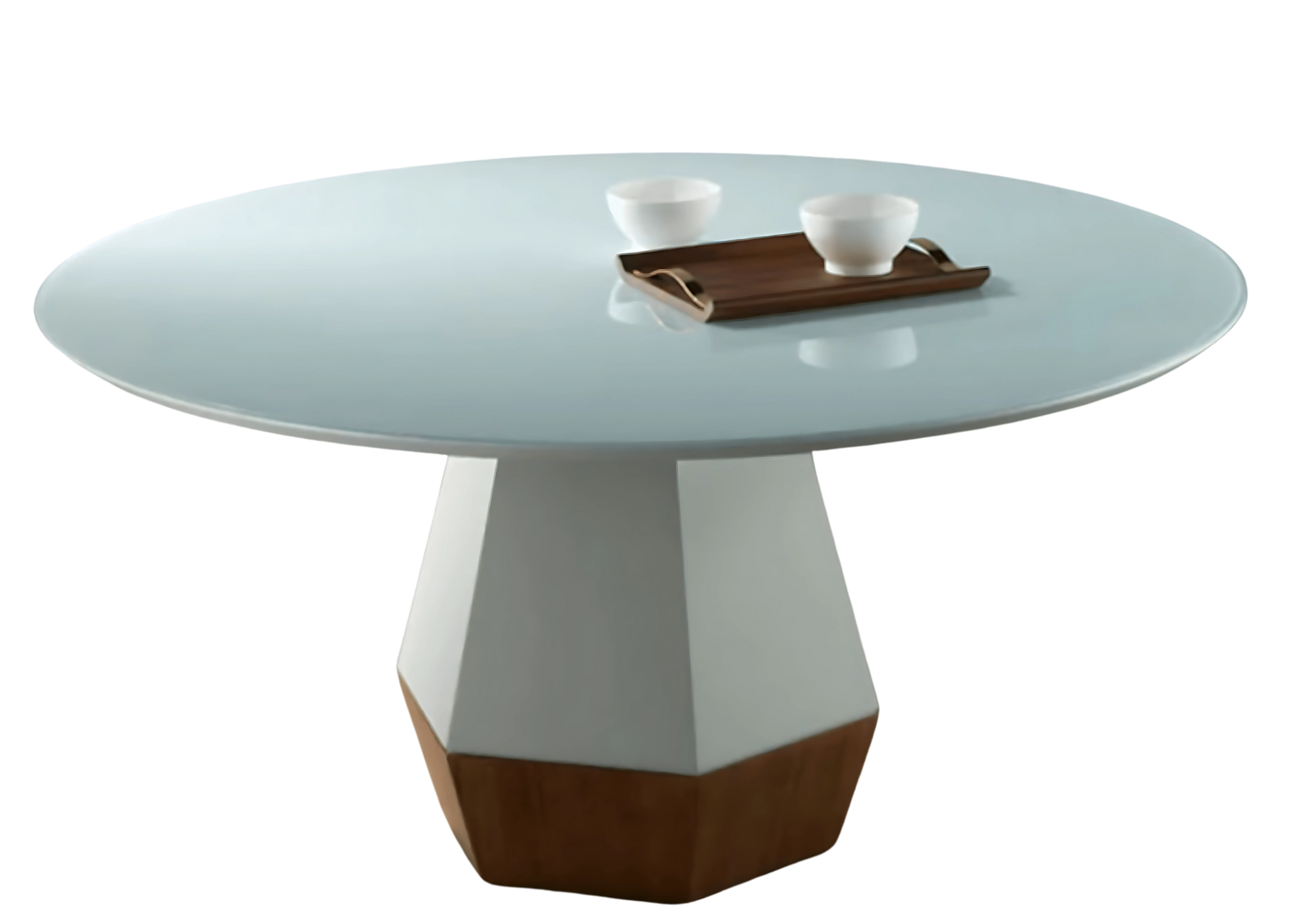 Mesa de jantar redonda para 6 lugares, com tampo laqueado branco e base com detalhe em madeira, modelo Zara, ideal para salas de jantar elegantes e contemporâneas.
