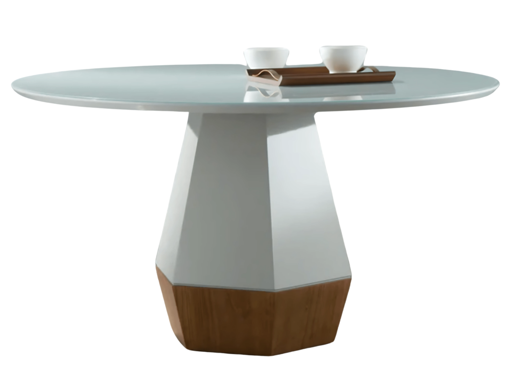 Mesa de jantar redonda para 8 lugares, com tampo branco, perfeita para espaços modernos e sofisticados.