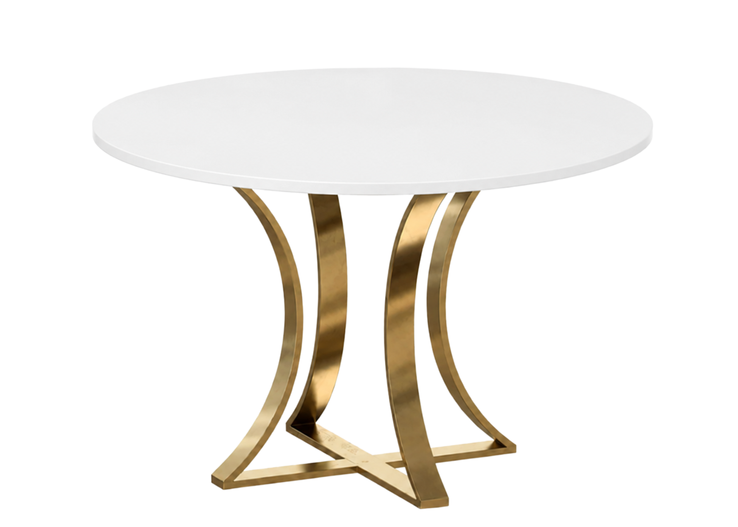 Mesa de jantar redonda Amabylle com tampo branco e base gold, apresentando design elegante e sofisticado para compor salas de jantar modernas.