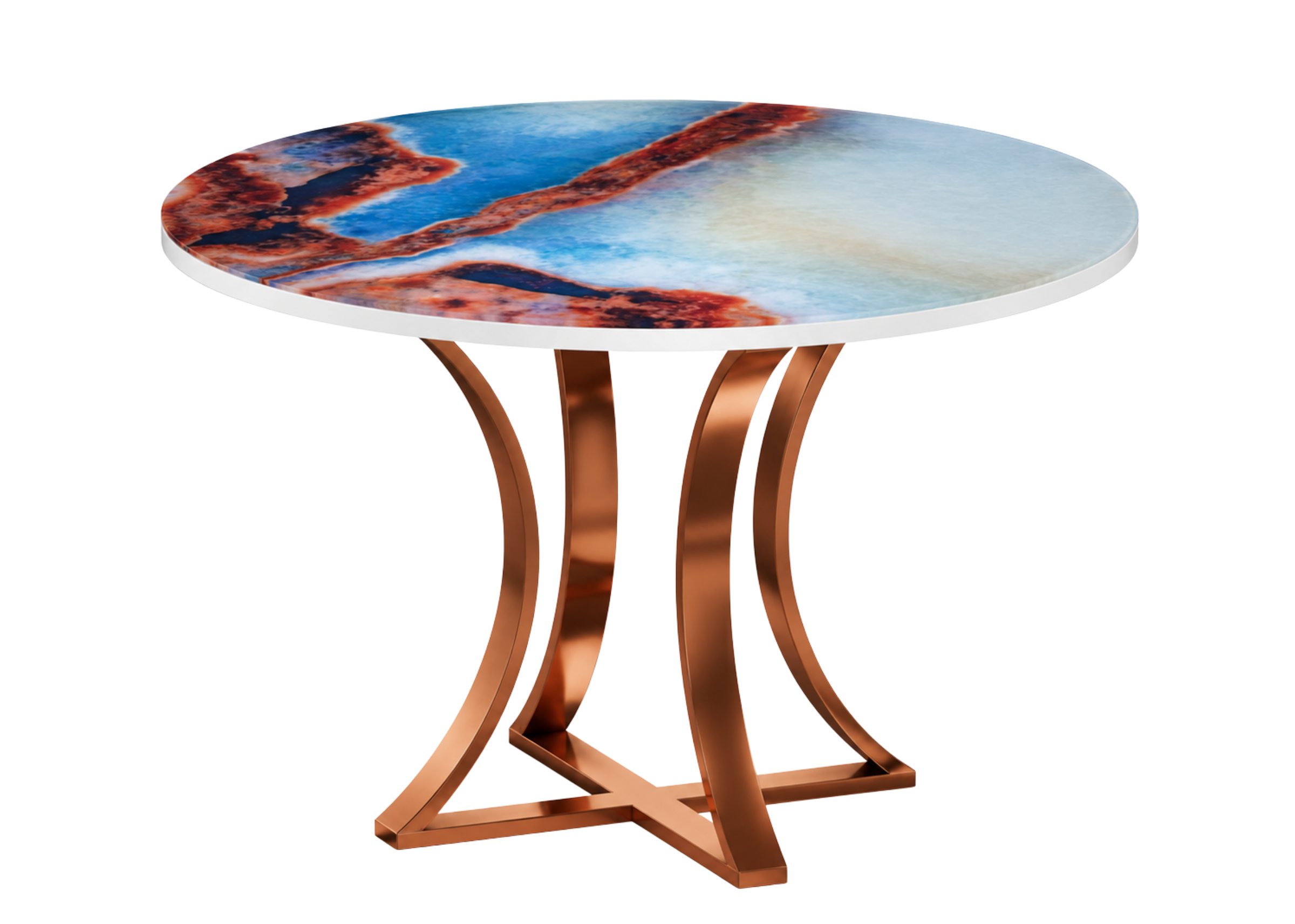 Mesa de jantar redonda Amabylle com tampo em vidro marmorizado ônix azul gold e base em inox cobre, ideal para compor ambientes elegantes e sofisticados.