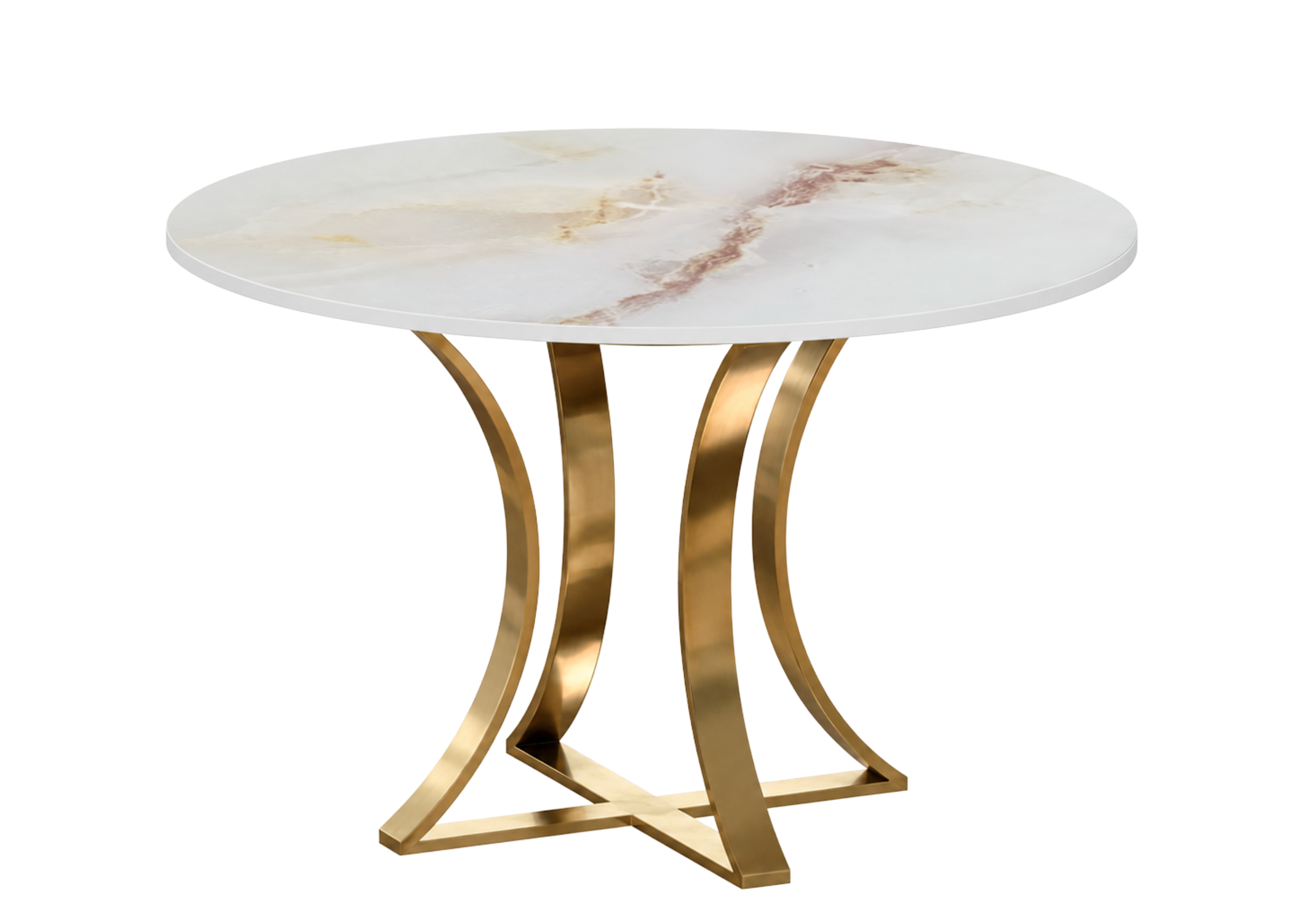 Mesa de jantar redonda Amabylle com tampo em vidro marmorizado ônix branco dourado, apresentando design elegante e luxuoso para salas de jantar modernas.