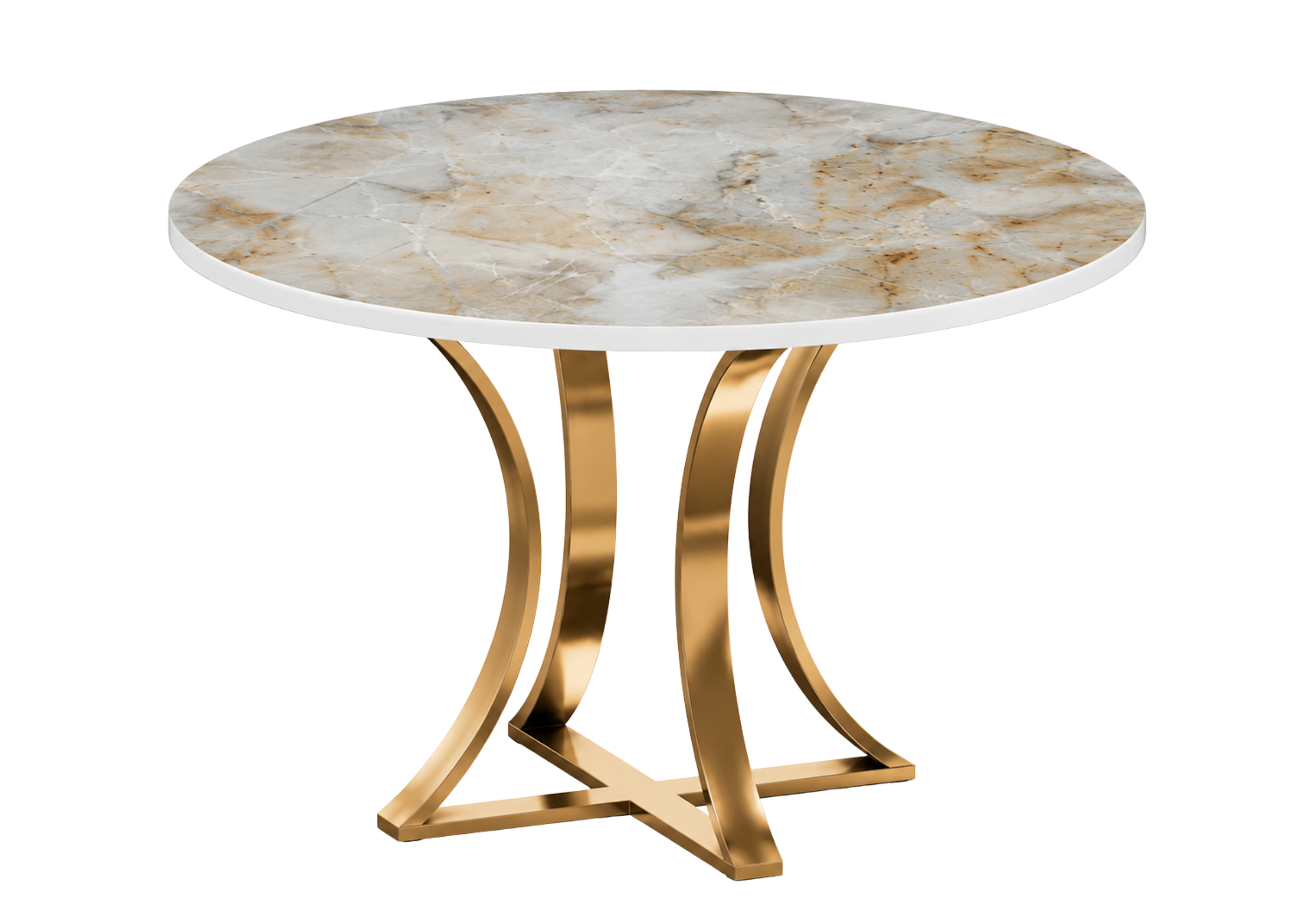 Mesa de jantar redonda Amabylle com tampo em vidro marmorizado travertino VT e base gold, apresentando design moderno e acabamento sofisticado.