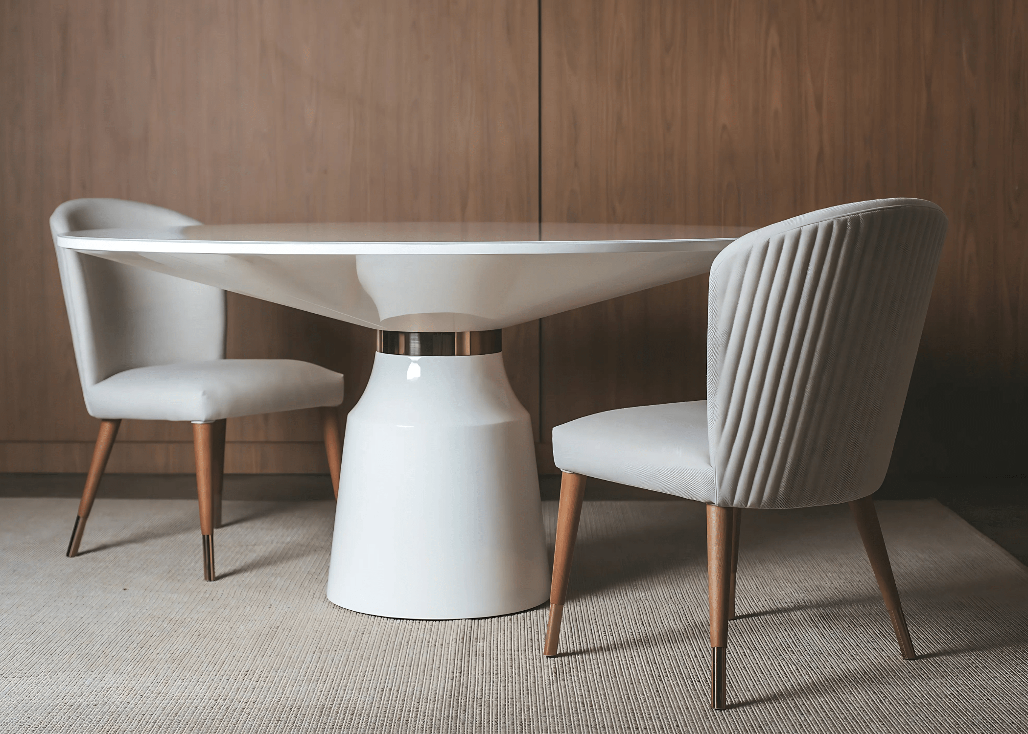 Mesa de jantar redonda Martim com duas cadeiras estofadas em sala de jantar sofisticada