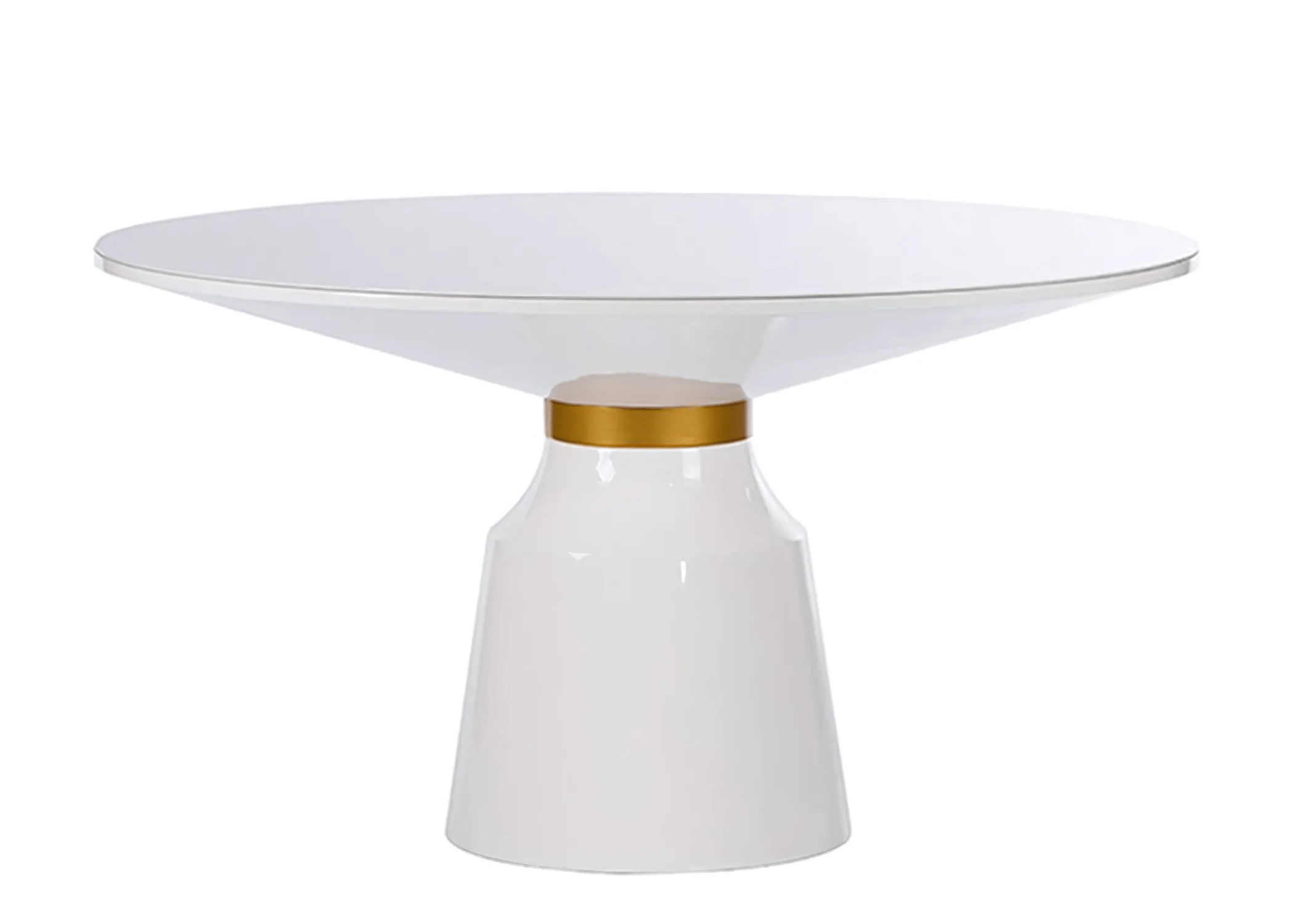 Mesa de jantar redonda Martim com acabamento laqueado branco e detalhe em inox dourado