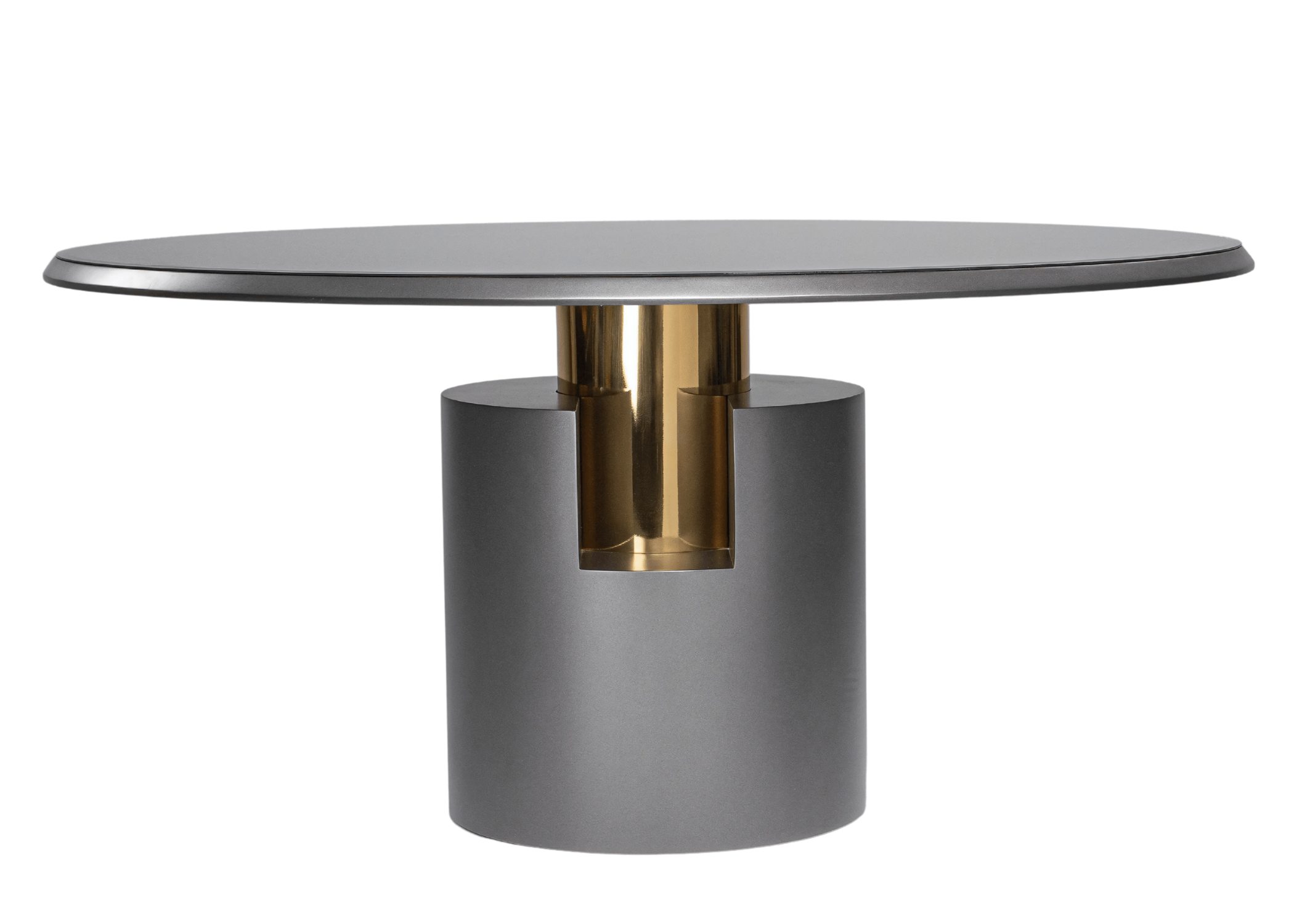 Mesa de jantar redonda moderna Theodoro com base cinza e detalhe metálico em inox dourado.