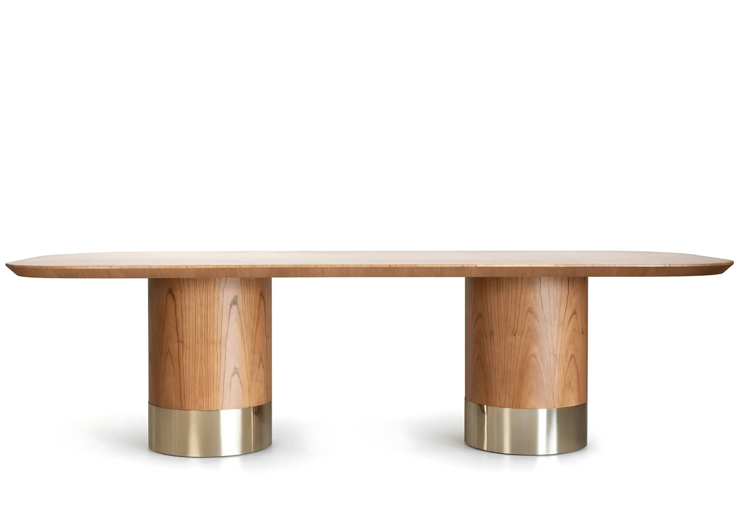 Mesa de jantar retangular com cantos arredondados, base cilíndrica em madeira e detalhe em aço inox dourado – design moderno e sofisticado.