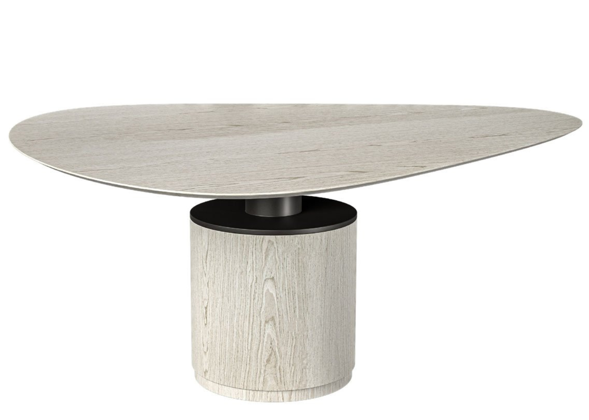 Mesa de jantar Elite com tampo orgânico e base cilíndrica em lâmina de madeira, disposta sobre fundo branco. Móvel sofisticado para salas de jantar com até 6 lugares.