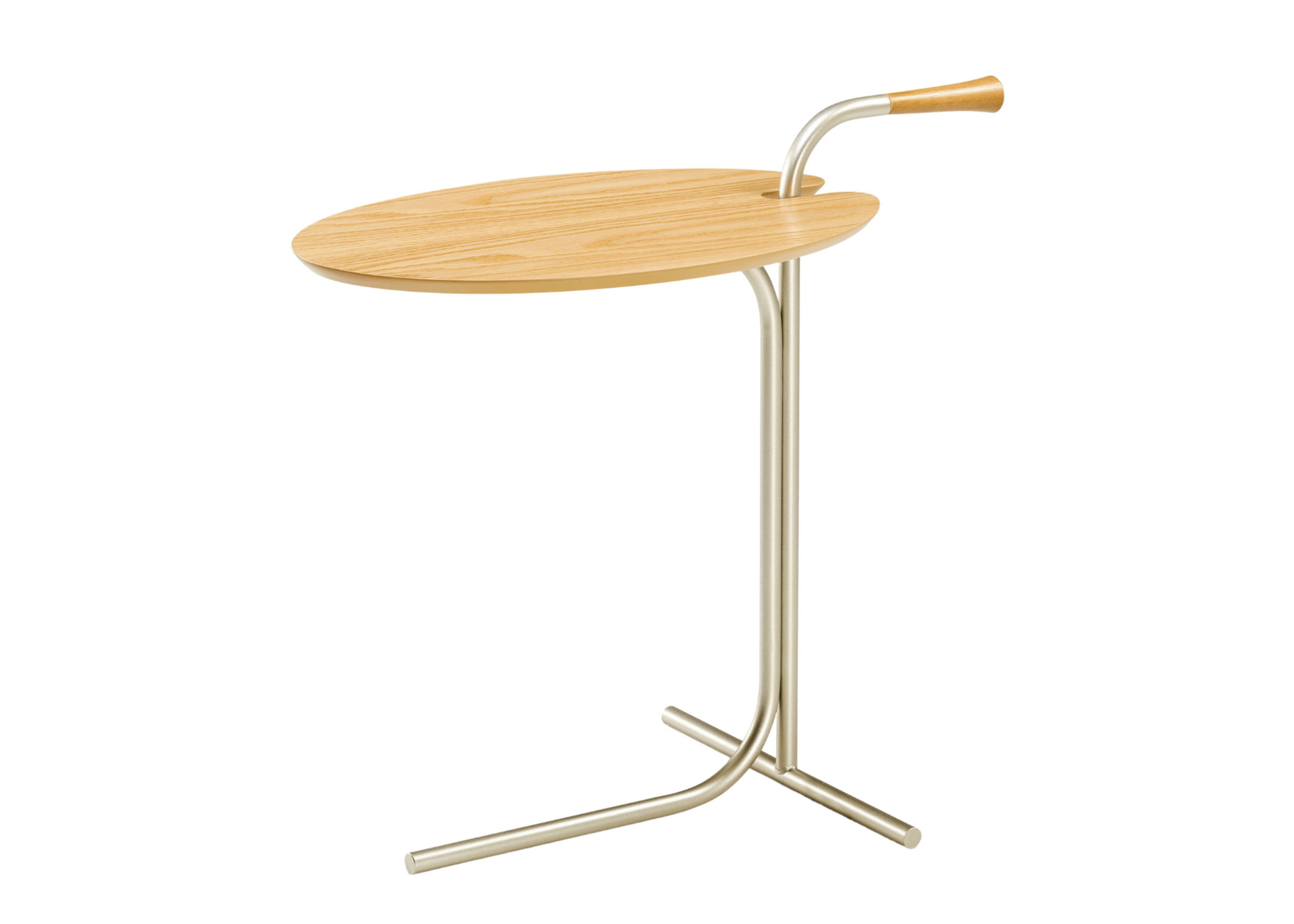 Mesa lateral Beny com tampo em carvalho natural e base metálica na cor champagne, vista sobre fundo neutro. Peça elegante e funcional para compor salas de estar com charme contemporâneo.