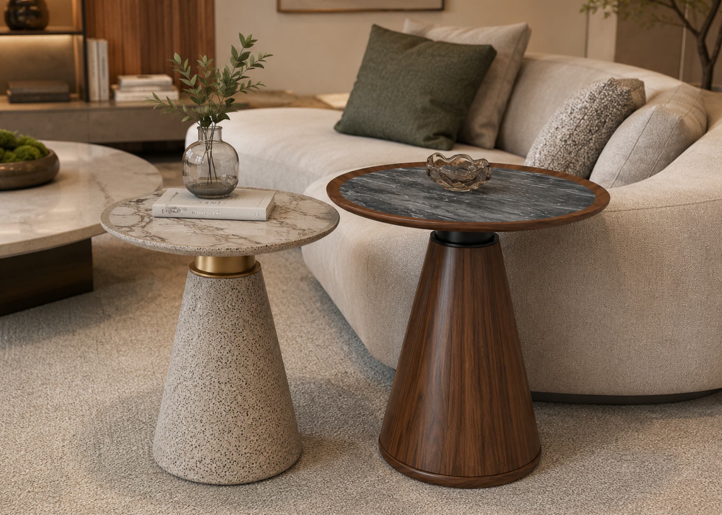 Mesa lateral Coquetelo em sala moderna com conjunto elegante e sofisticado, ideal para compor ambientes contemporâneos e refinados.