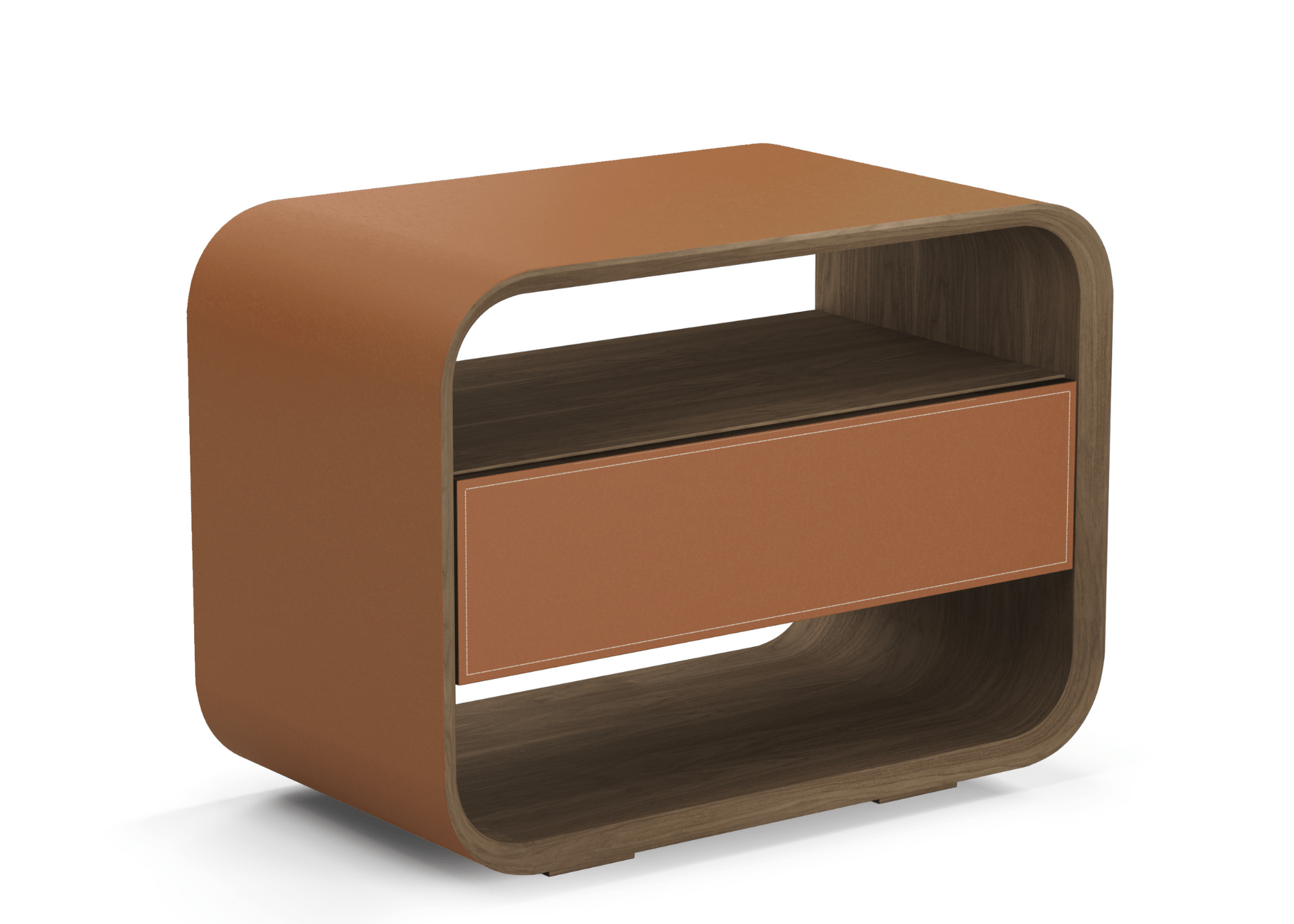 Vista lateral da Mesa de Cabeceira Davi, com cantos arredondados e acabamento sofisticado.