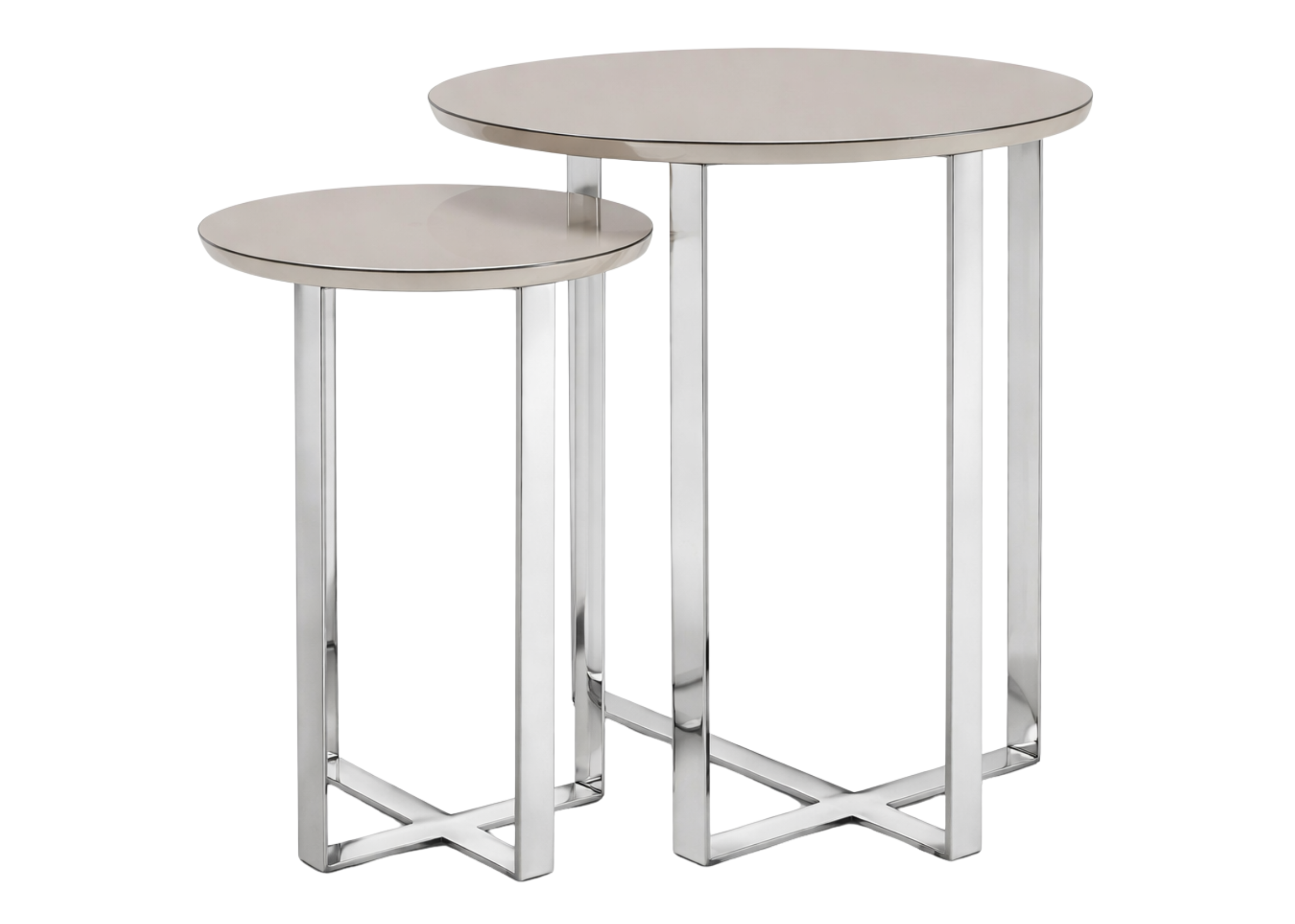 Conjunto de mesas laterais Dreams com base em aço inox e tampo em laca com vidro, design elegante e minimalista.