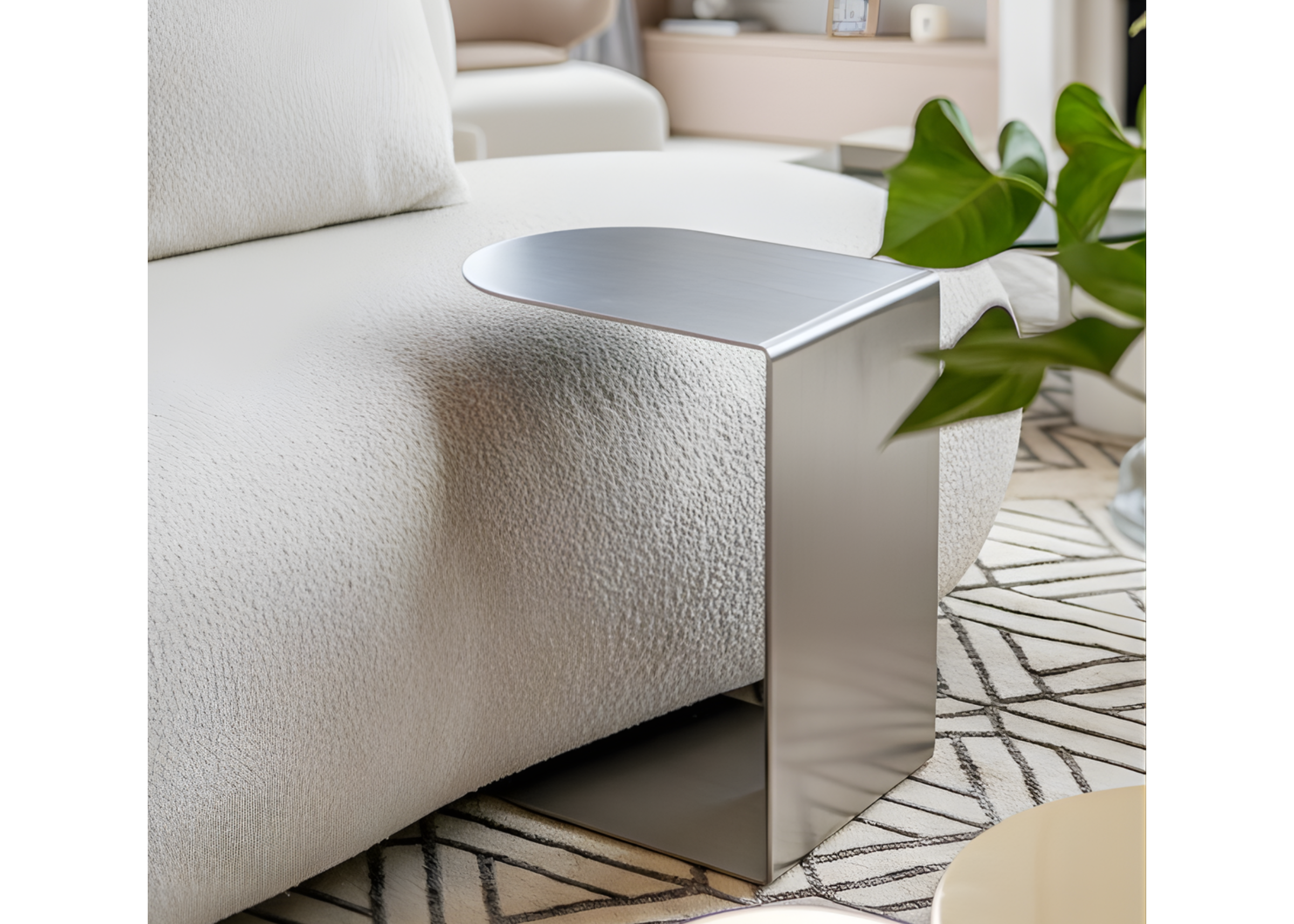 Mesa lateral Eleganza com base em inox escovado, elegante e luxuosa, ideal para salas de estar sofisticadas.