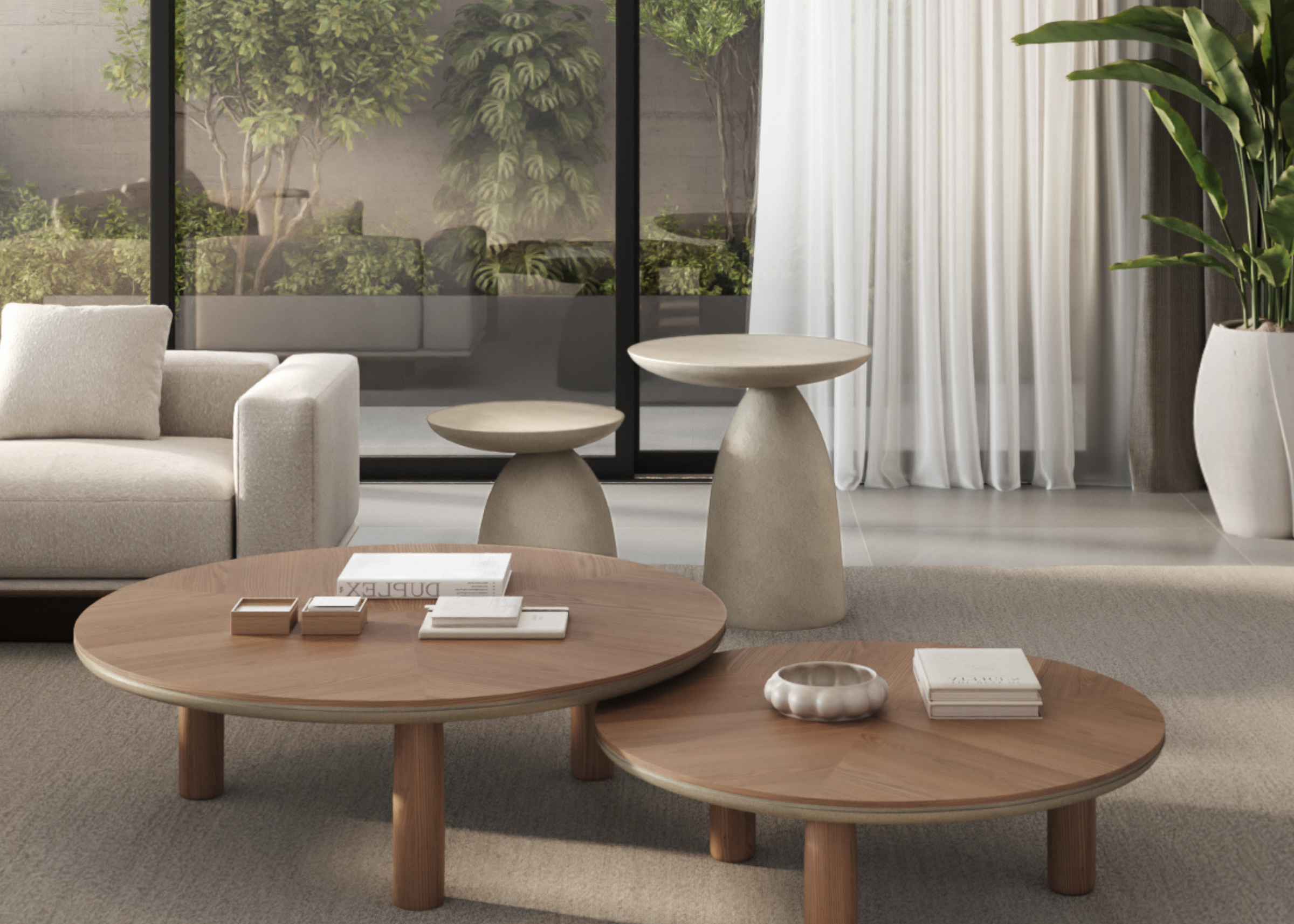 Mesa lateral com formato orgânico e revestimento Sabi off-white. Peça contemporânea e versátil para composição de ambientes elegantes.