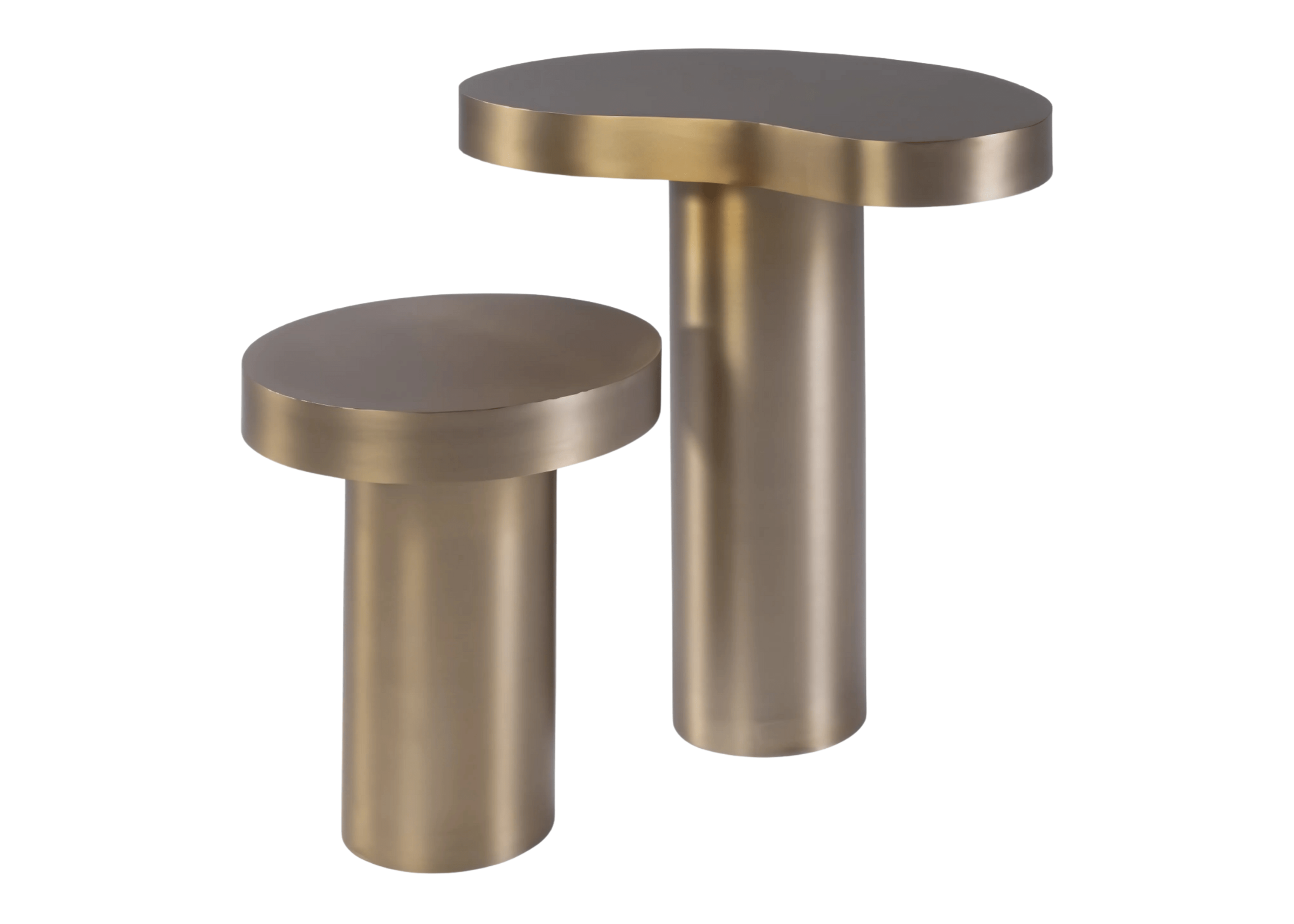 Mesa lateral Imperadora com base robusta em aço inox dourado e tampo redondo espelhado, vista frontal em fundo neutro. Móvel elegante e imponente para salas de estar refinadas ou ambientes de luxo.