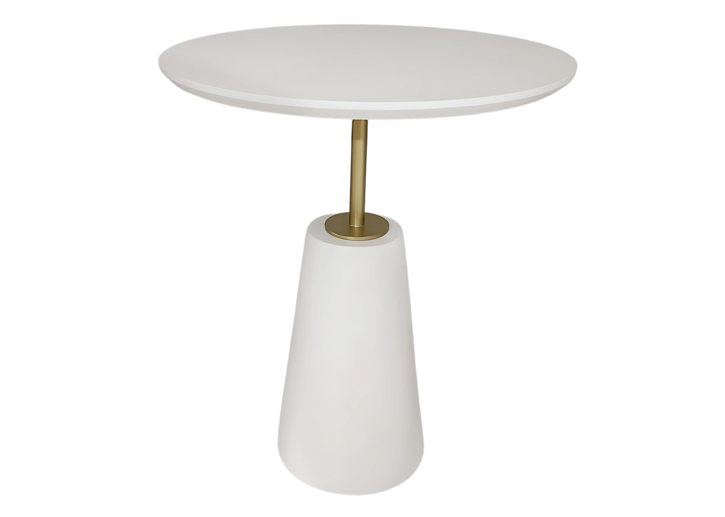 Mesa lateral Costela com tampo laqueado em porcelana e haste metalizada, disposta sobre fundo neutro. Peça sofisticada para compor salas de estar elegantes.