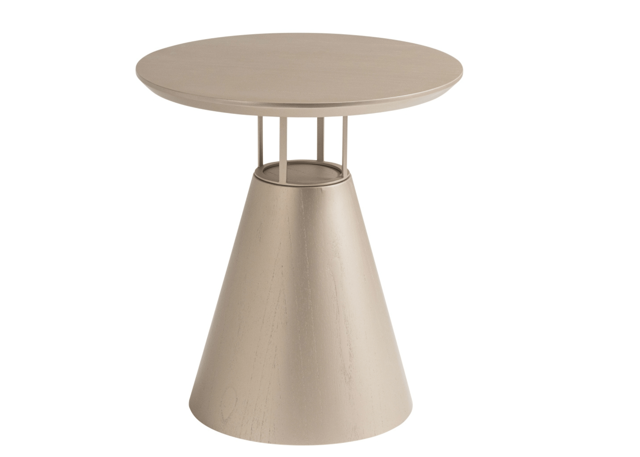 Mesa lateral redonda Lidi em madeira imbuia clara, com base cônica e estrutura metálica discreta. Ideal para compor salas com elegância e funcionalidade.
