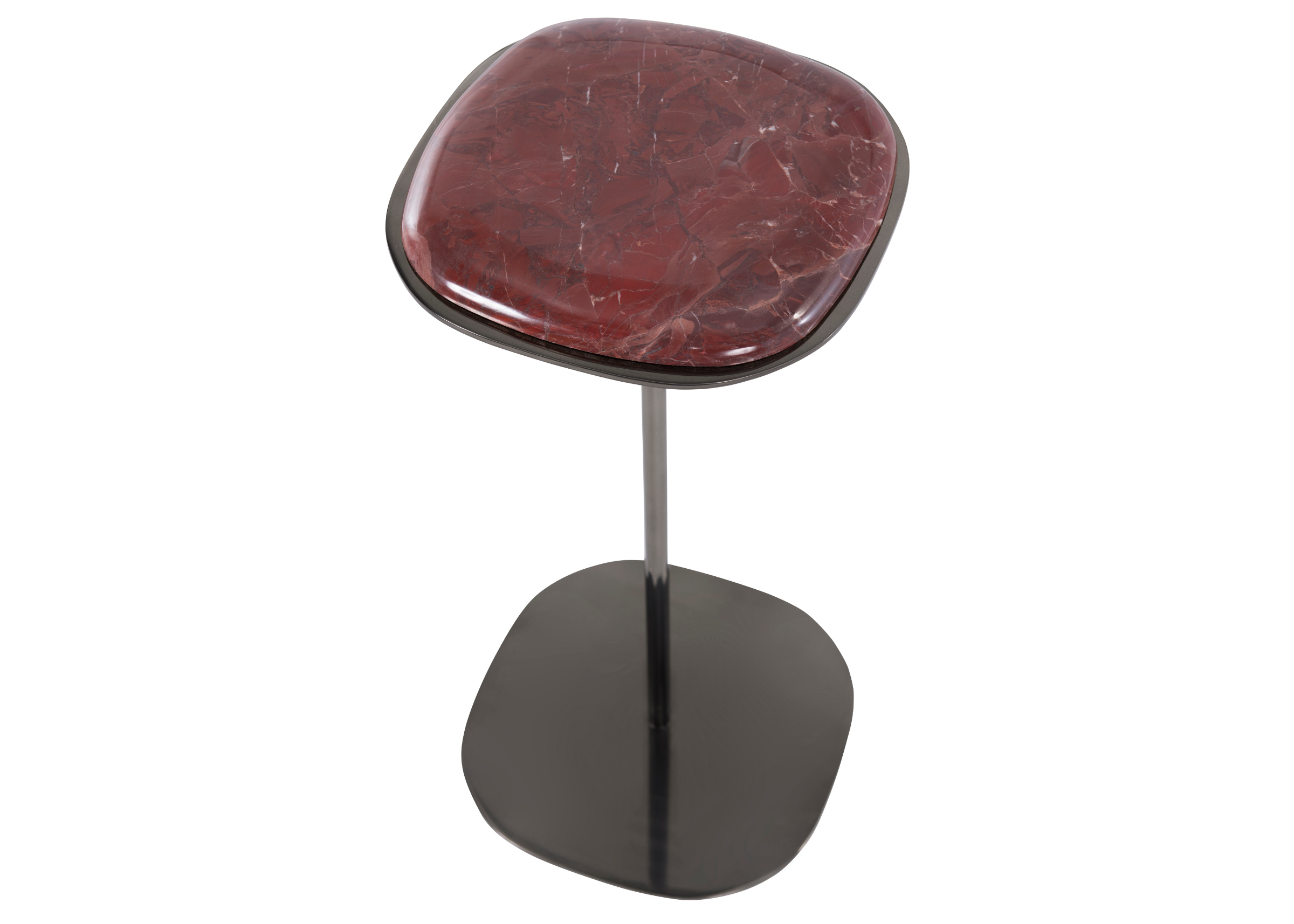 Mesa lateral Lola com tampo quadrado mármore Napoleón Bordô e haste preta, apresentando design moderno e sofisticado, ideal para compor ambientes elegantes e contemporâneos.