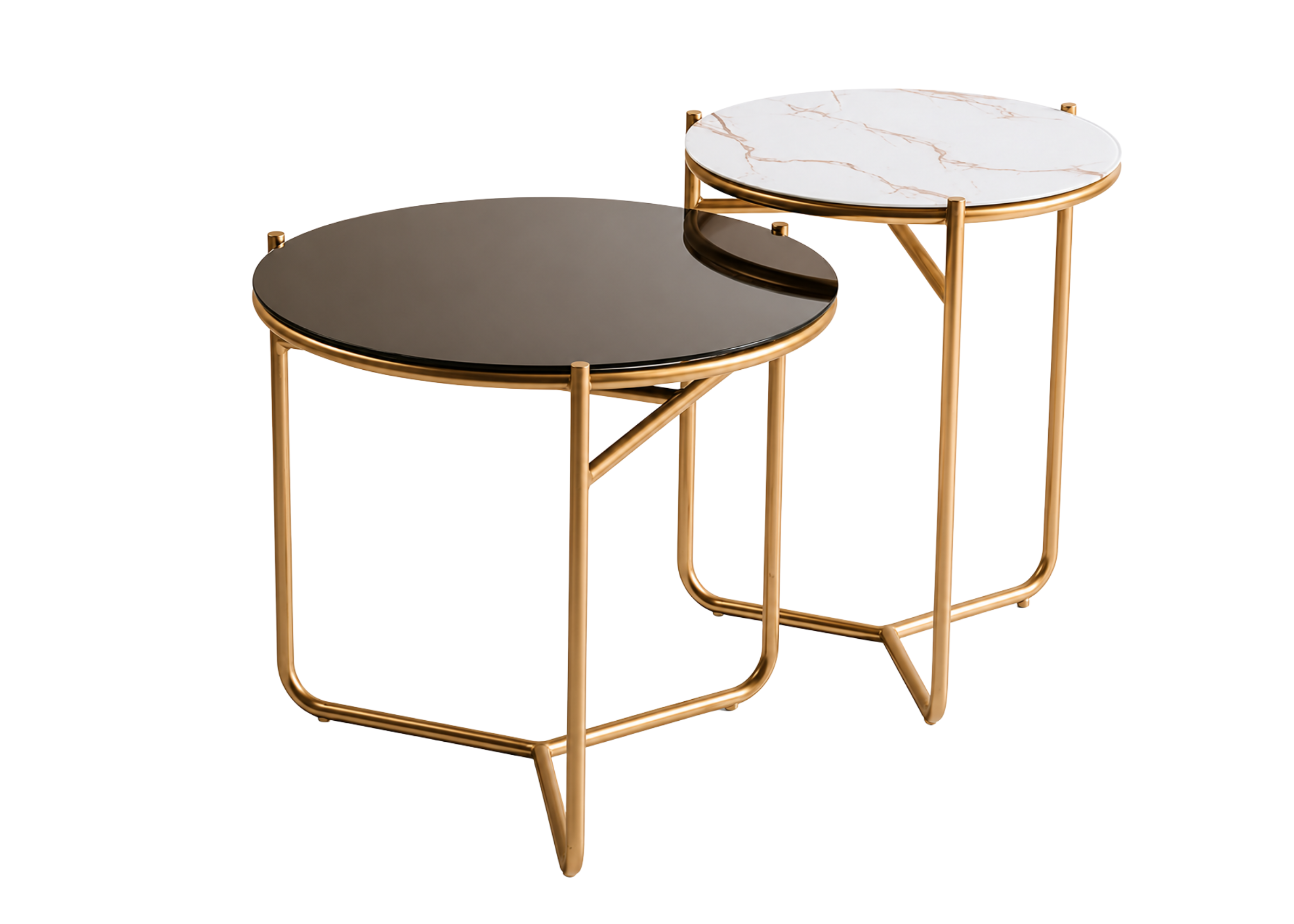 Mesa lateral Muriel com tampo marmorizado bronze e base em aço carbono ouro, apresentando design elegante e sofisticado, ideal para compor ambientes modernos e refinados.