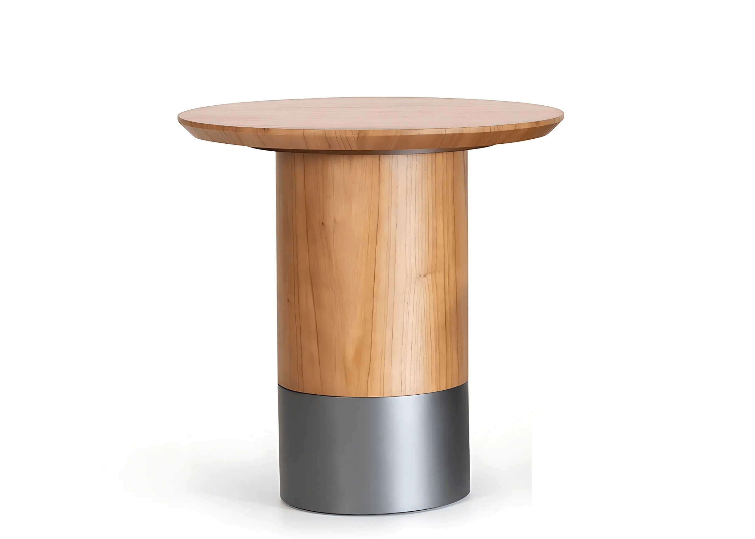Mesa lateral redonda em madeira com base cilíndrica e detalhe metálico onix – ideal para ambientes contemporâneos.