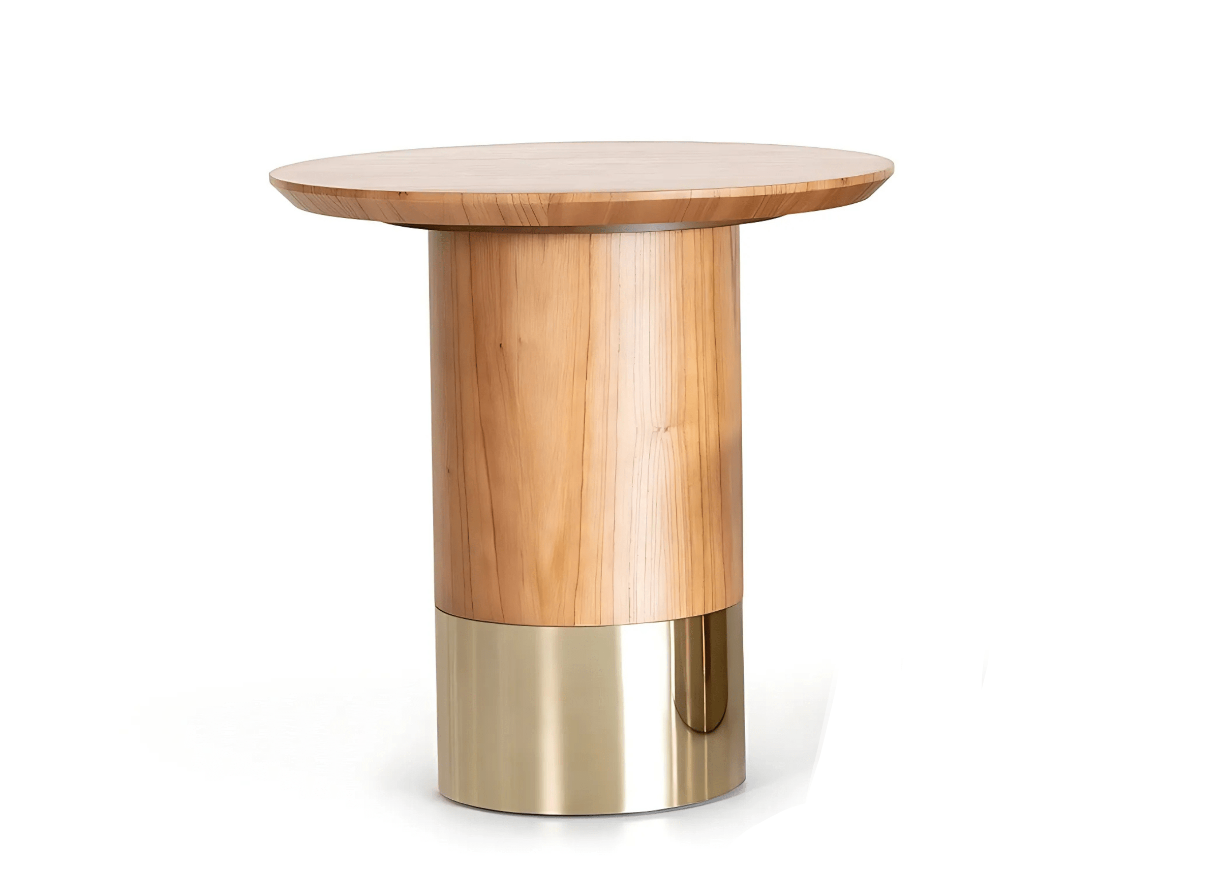 Mesa lateral redonda de madeira com detalhe em aço inox dourado gold – design moderno e sofisticado para sala de estar.