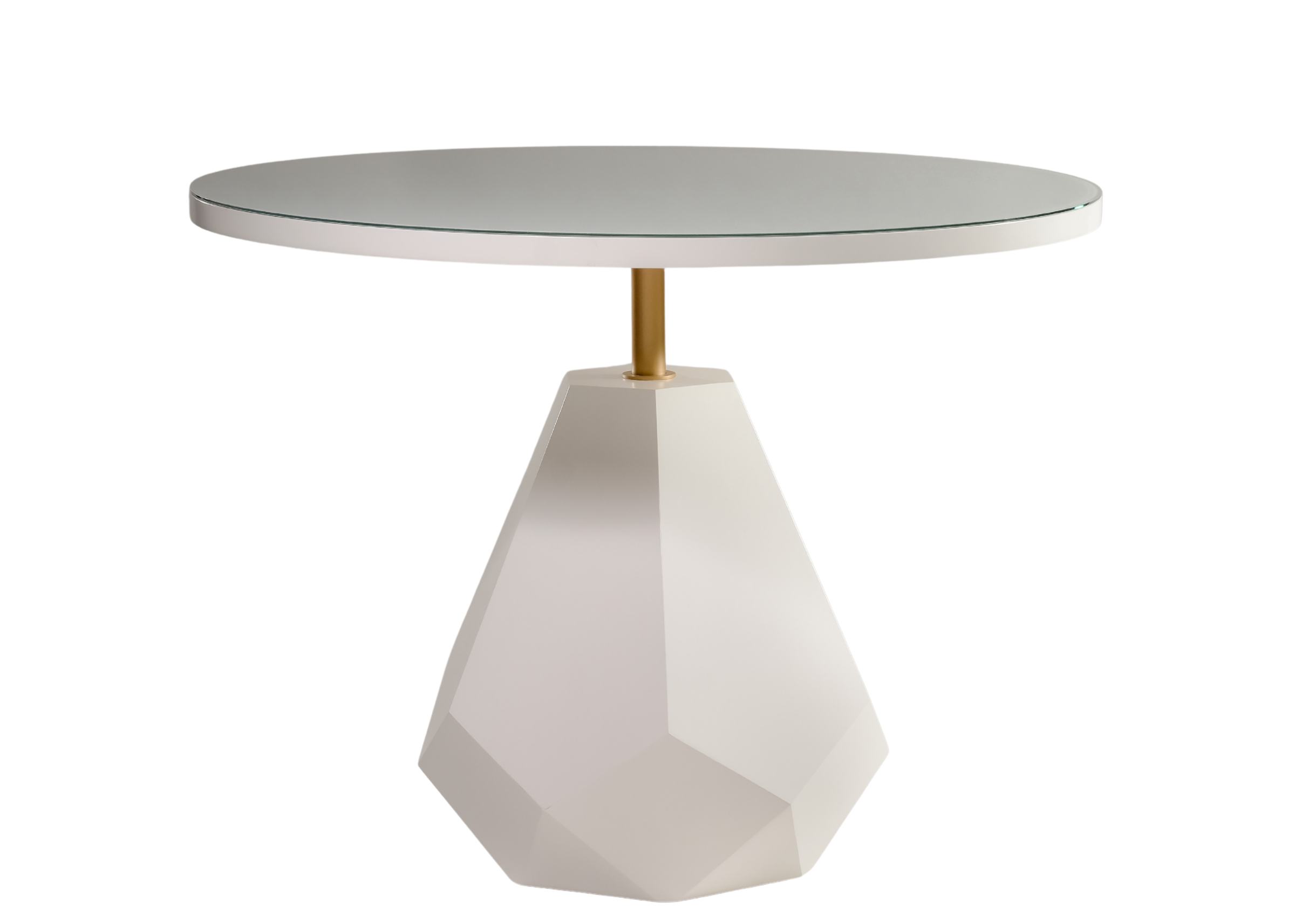 Mesa lateral redonda modelo Âmbar, laqueada em branco com detalhe de haste dourada, design moderno e sofisticado, ideal como apoio em salas de estar elegantes.