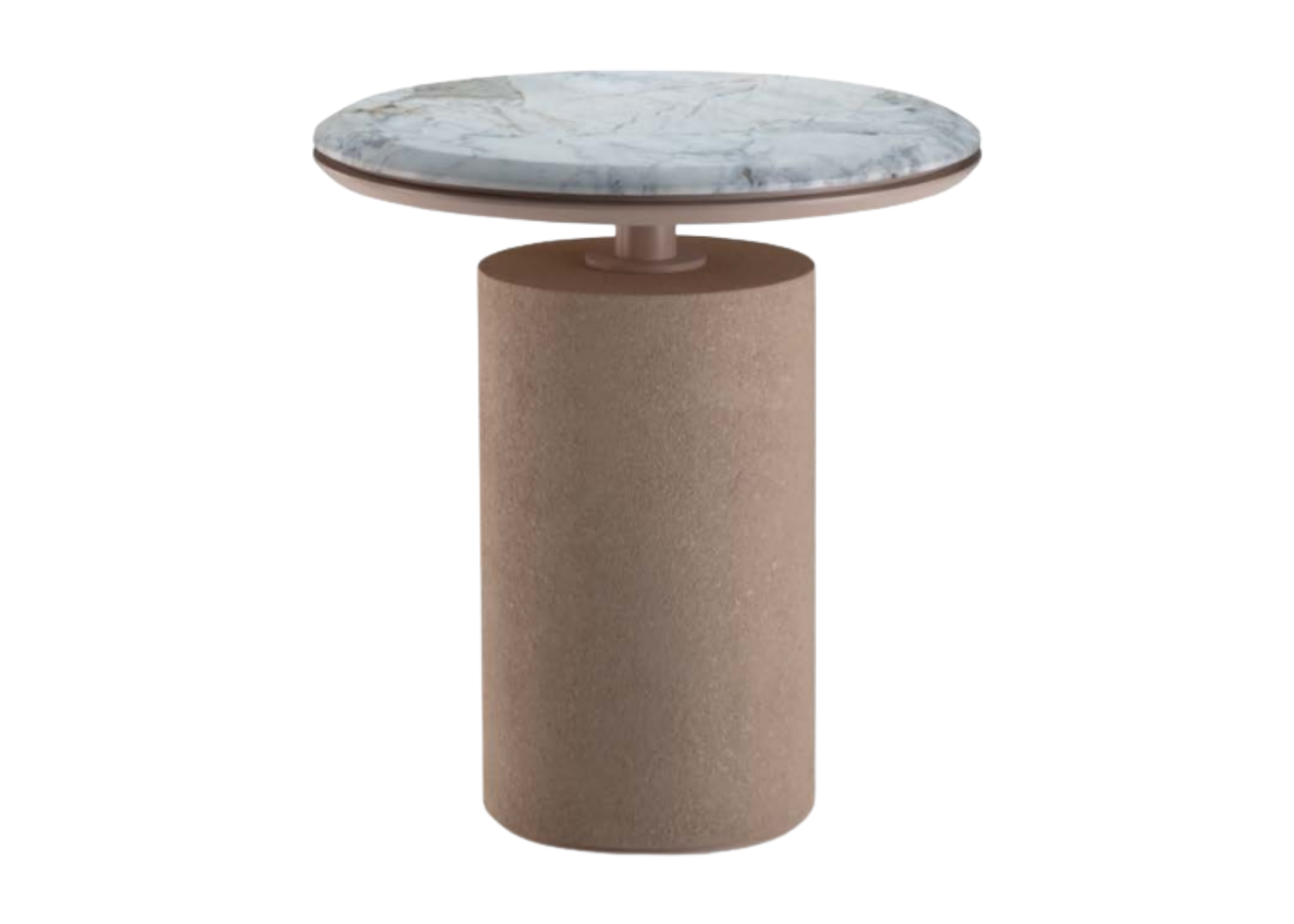 Mesa lateral redonda com tampo em mármore Calacata. Design elegante e atemporal, ideal para composições sofisticadas, apresentada sobre fundo neutro.