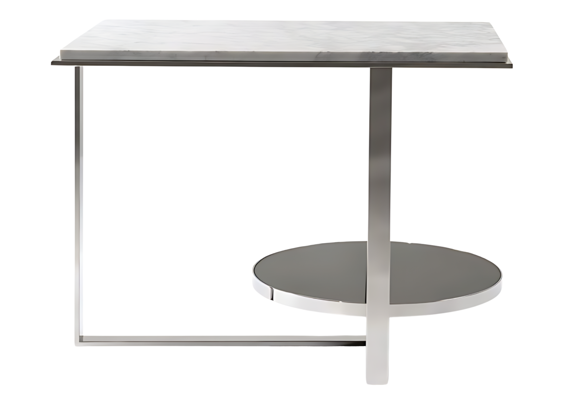 Mesa lateral Calla I com tampo em mármore Carrara e base metálica dourada, vista frontal sobre fundo claro. Móvel refinado com inspiração contemporânea, ideal para ambientes sofisticados como salas de estar ou lounges modernos.