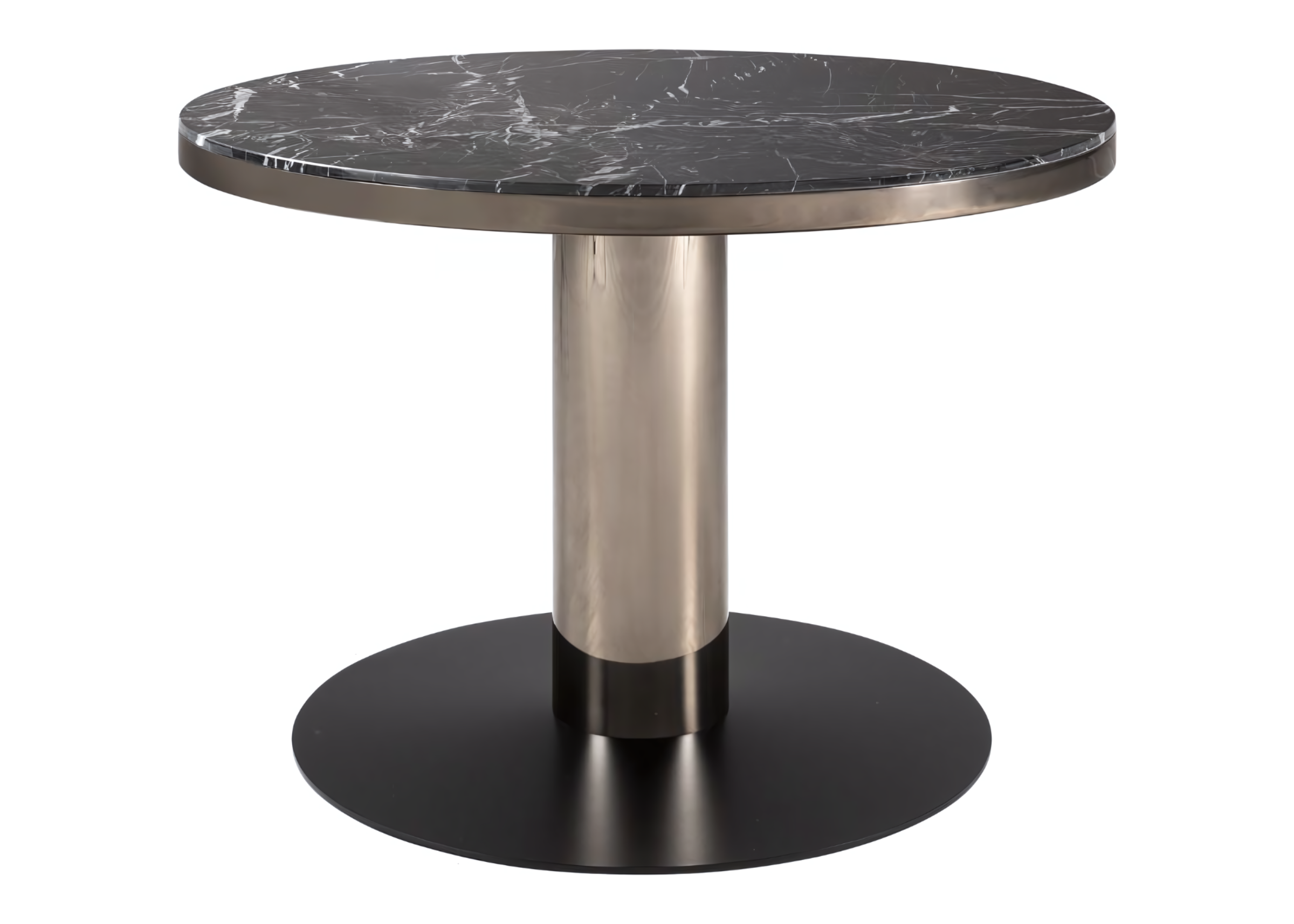 Mesa lateral com tampo em mármore Nero Marquina e base metálica preta, vista frontal sobre fundo neutro. Peça de design moderno com acabamento sofisticado, ideal para compor salas de estar elegantes e contemporâneas.