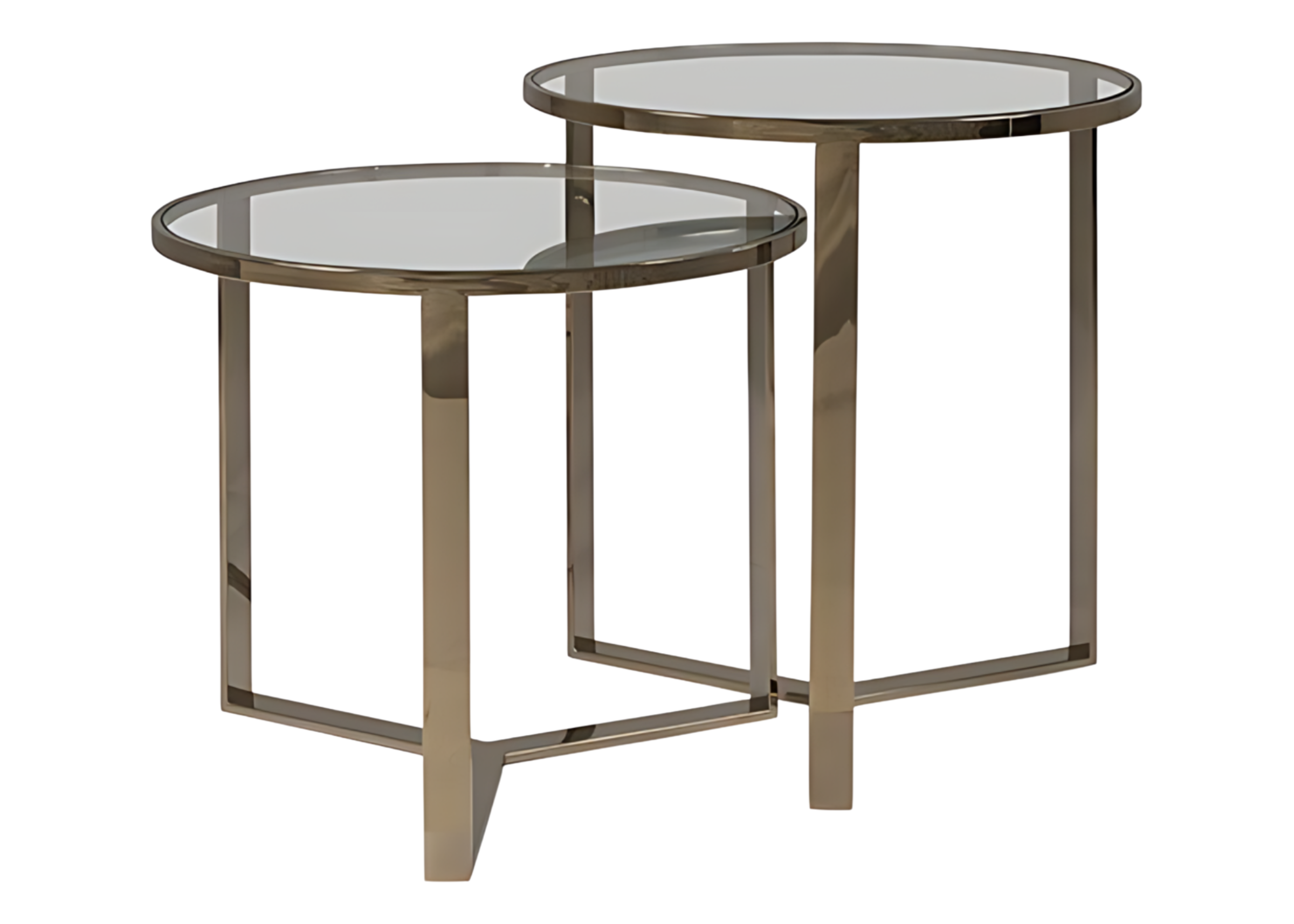 Mesa lateral Channel com tampo em vidro e base em aço inox dourado, vista sobre fundo neutro. Peça sofisticada para ambientes contemporâneos como sala de estar ou lounge.