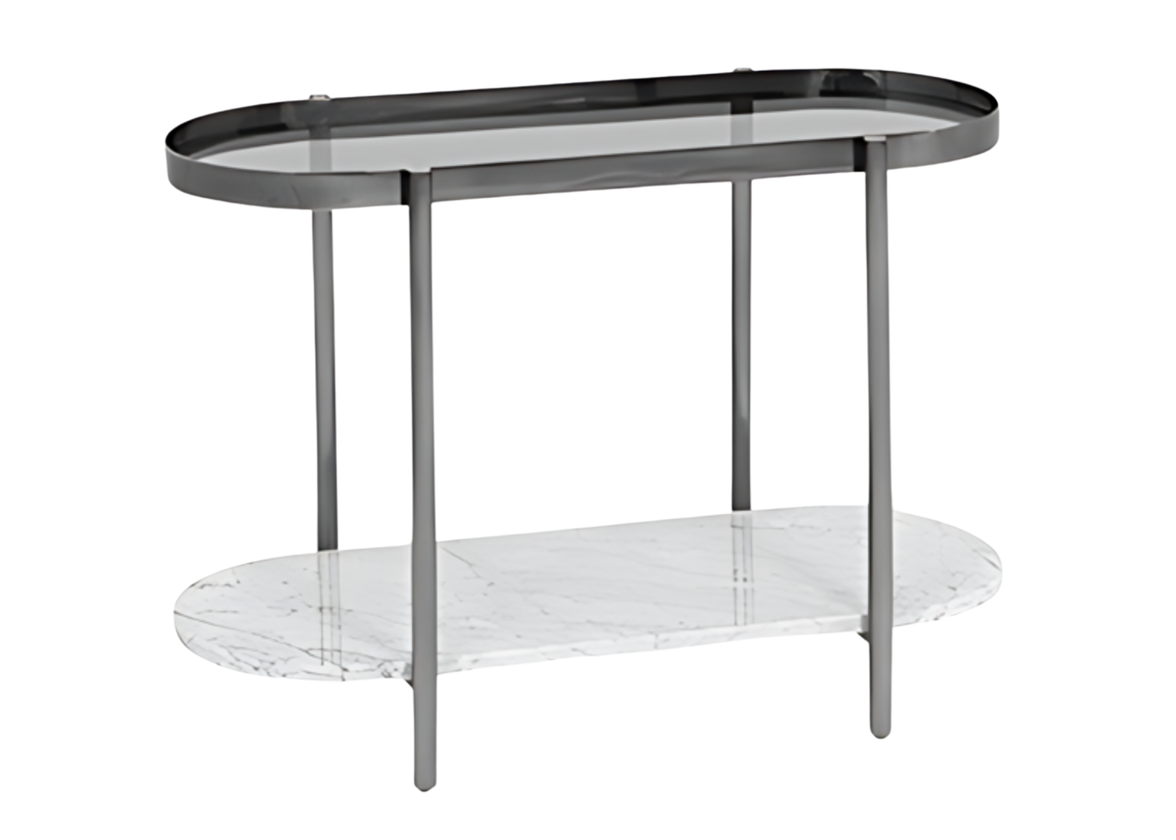 Mesa lateral com tampo em vidro fumê e base em inox ônix, vista sobre fundo neutro. Design moderno e sofisticado para sala de estar com estilo contemporâneo.