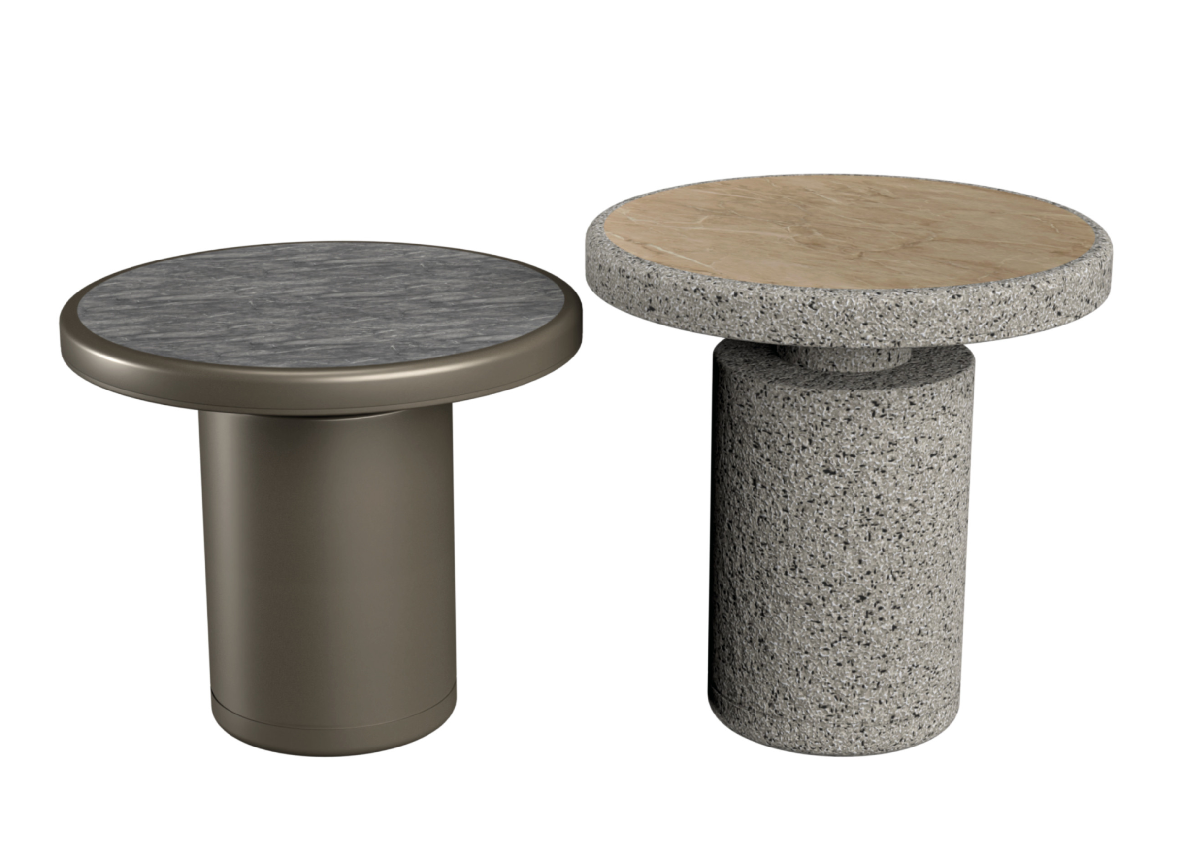 Mesa lateral Zenith com acabamento efeito pedra, tampo TS e laminado, apresentando design elegante e sofisticado, ideal para compor ambientes modernos e refinados.