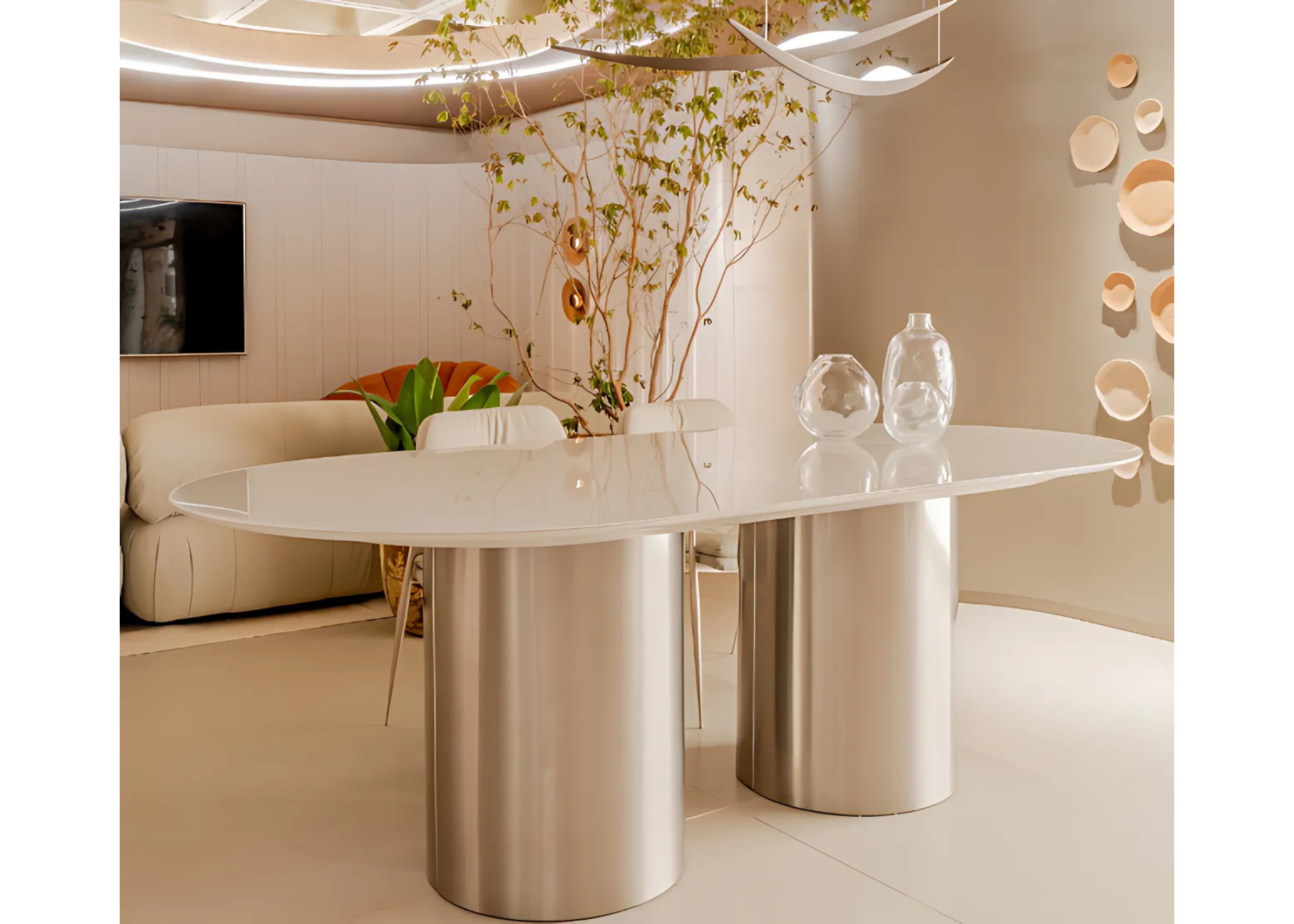 Mesa Eleganza de sala de jantar com tampo em vidro branco, design chique e elegante para compor ambientes sofisticados.