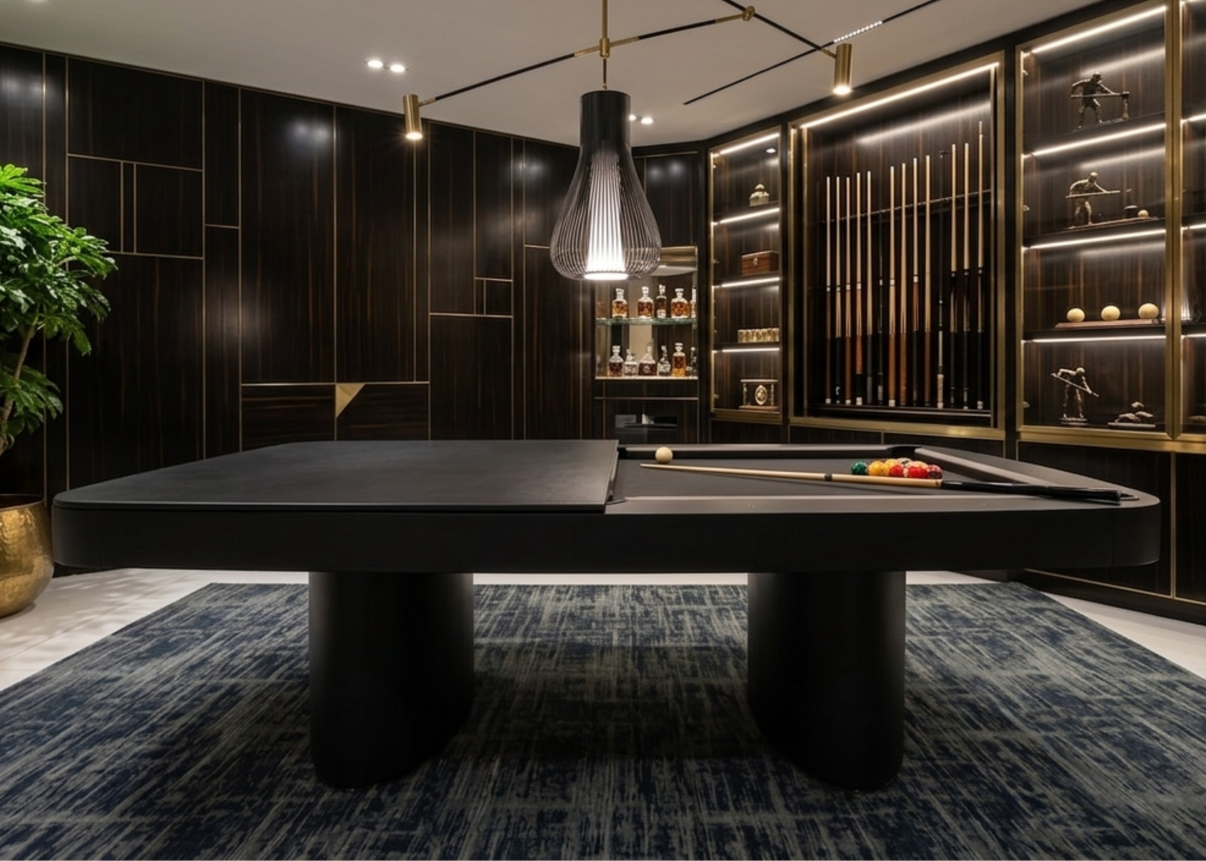 Mesa de sinuca jantar modelo Dual 2 em 1 com tecido acrílico preto e estrutura laminada preta, apresentando design moderno e sofisticado, ideal para sala de jogos e ambientes elegantes.