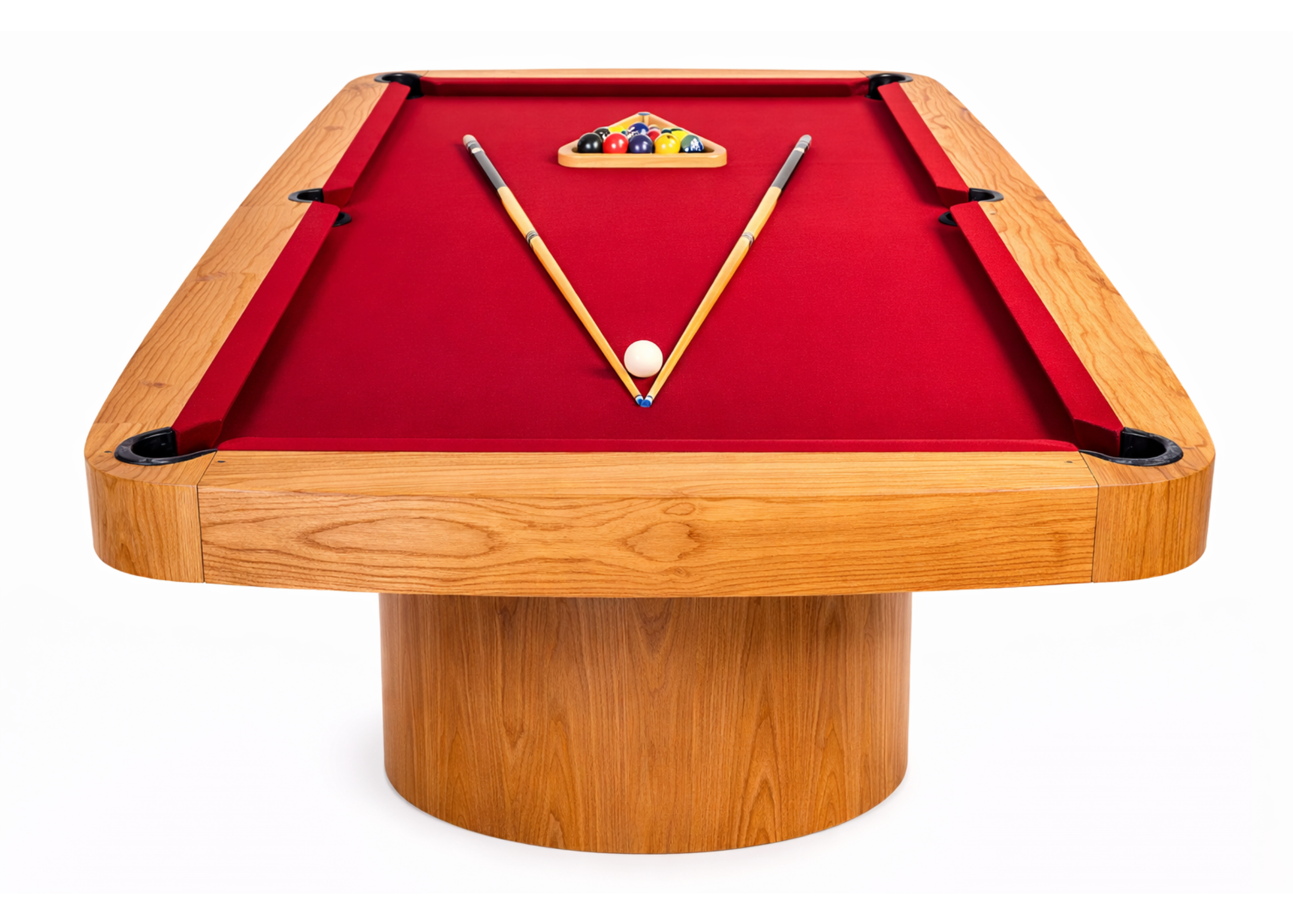 Mesa de sinuca jantar Dual com estrutura em madeira laminada natural e acrílico vermelho, apresentando design moderno e acabamento refinado para ambientes elegantes.