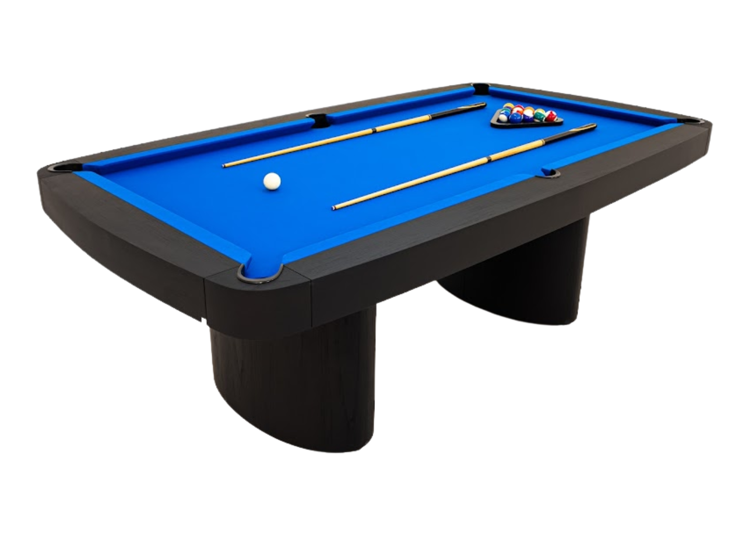Mesa de sinuca jantar modelo Dual com tecido acrílico azul royal e estrutura em madeira laminada preta, apresentando design sofisticado e funcional para ambientes modernos.