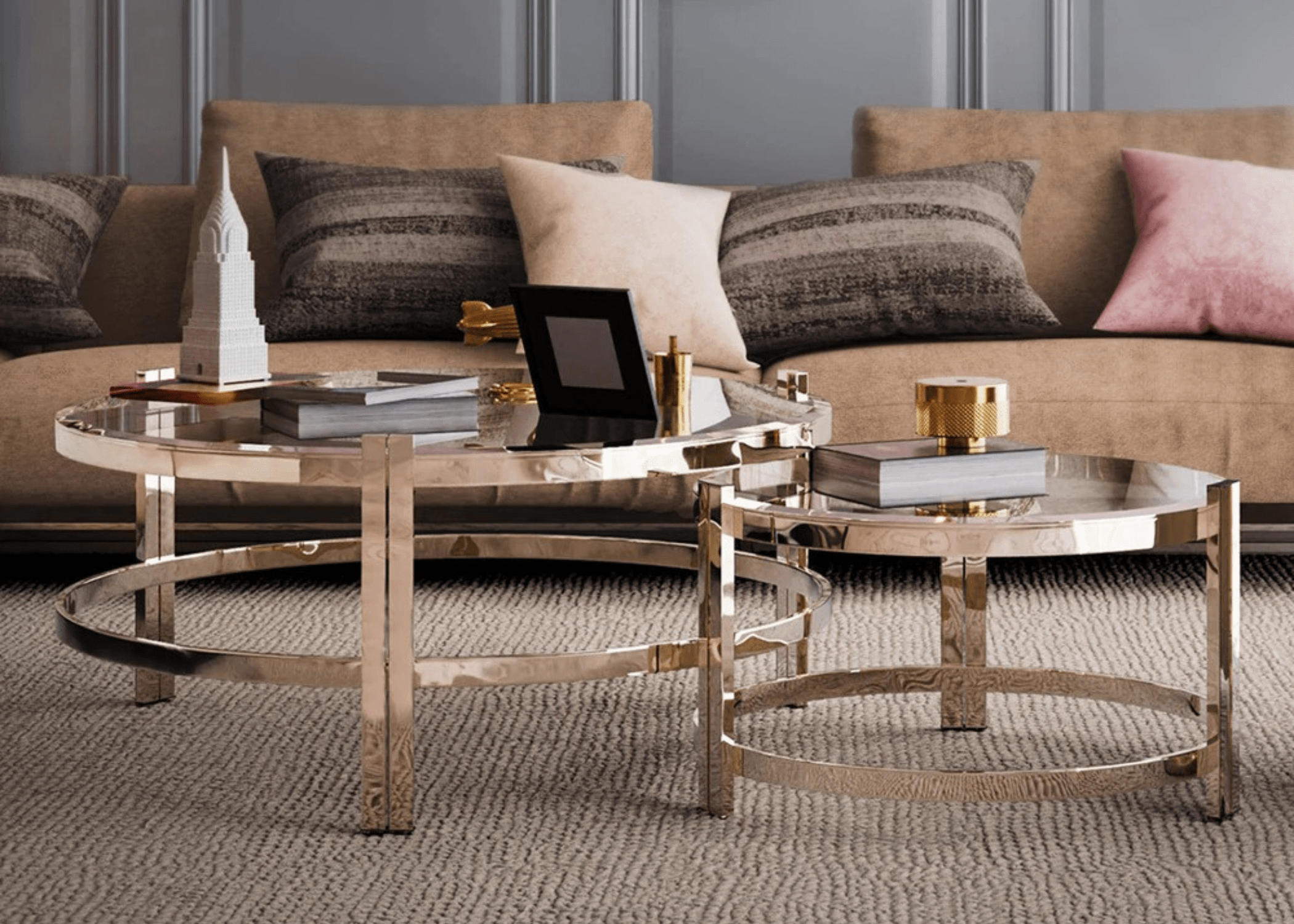 Conjunto Mesa de Centro Redonda Veneza Slim em um ambiente contemporâneo, destacando sua transparência e sofisticação.