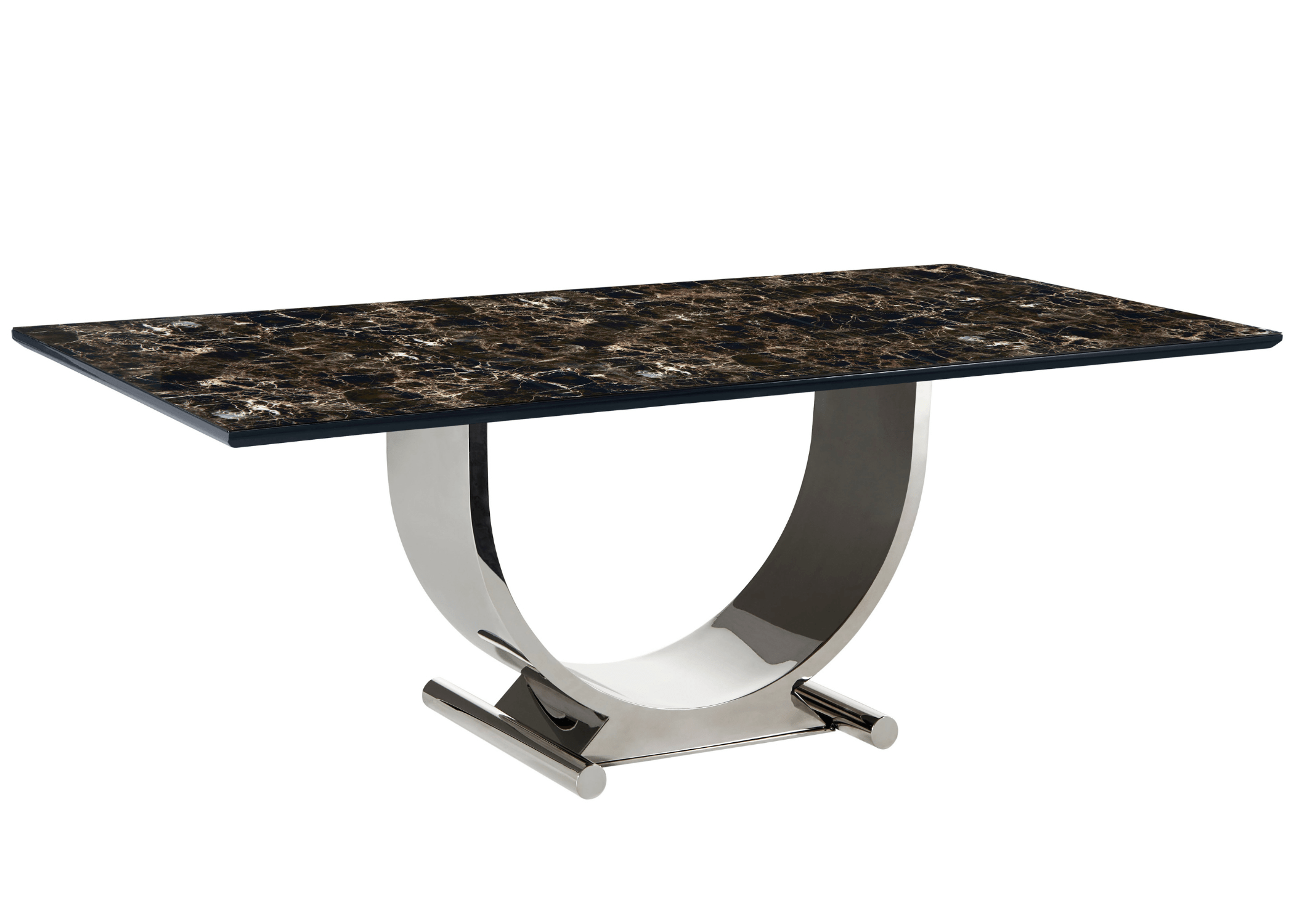 Mesa de Jantar Talismã com tampo de vidro marmorizado.