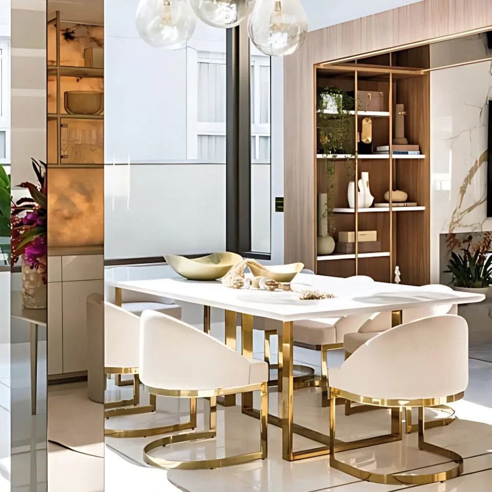 Móveis em aço inox dourado gold em sala de jantar moderna e alto padrão. Cadeira e mesa de jantar Moveca Decor.