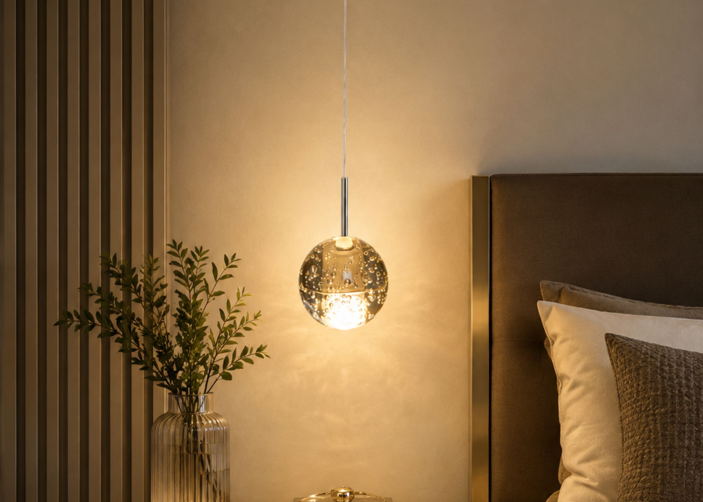 Pendente 1028 com design moderno, estrutura em metal cromado e cristal, proporcionando iluminação elegante para diversos ambientes.