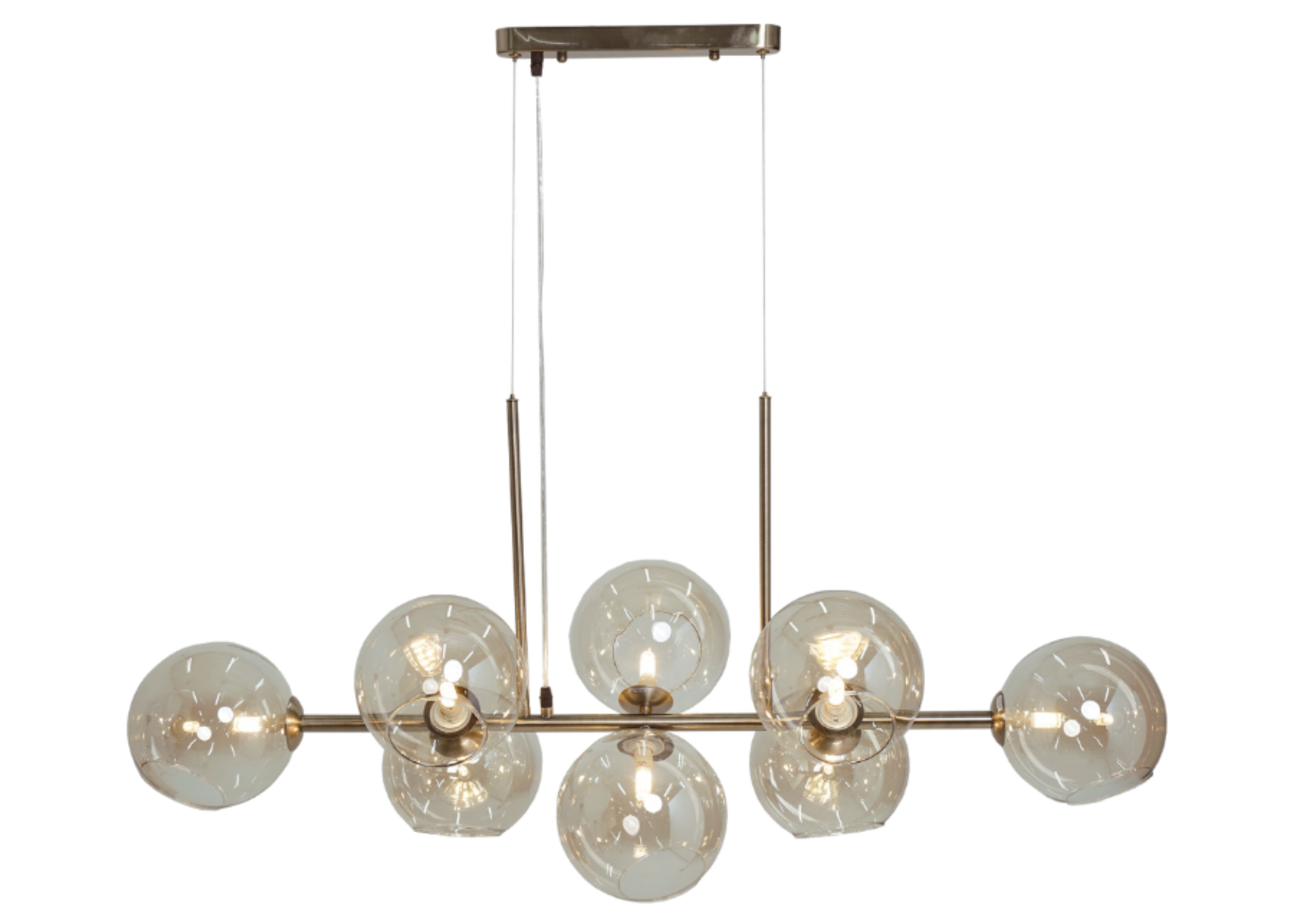 Pendente modelo 5035 com estrutura em metal ouro velho e globos em vidro âmbar, ideal para compor ambientes contemporâneos e refinados.