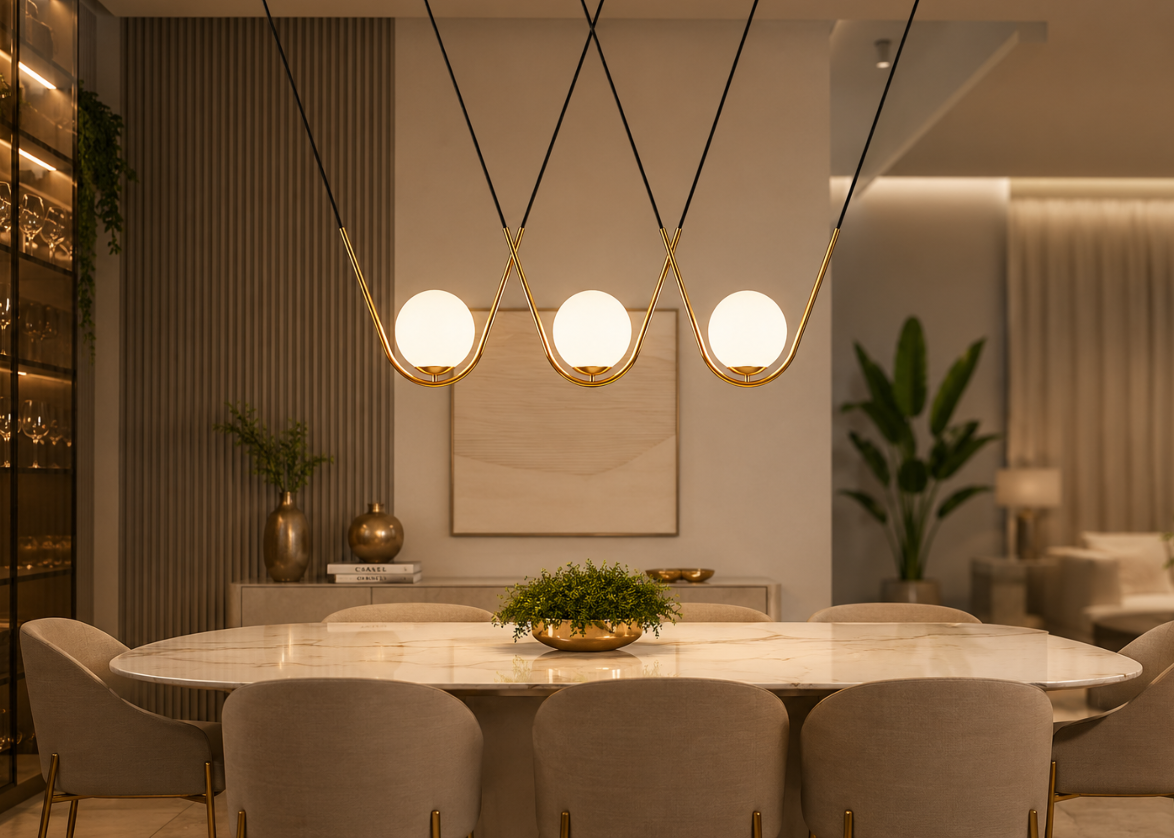 Pendente 5064 com design moderno, estrutura em metal dourado e vidro leitoso, proporcionando iluminação elegante para diversos ambientes.
