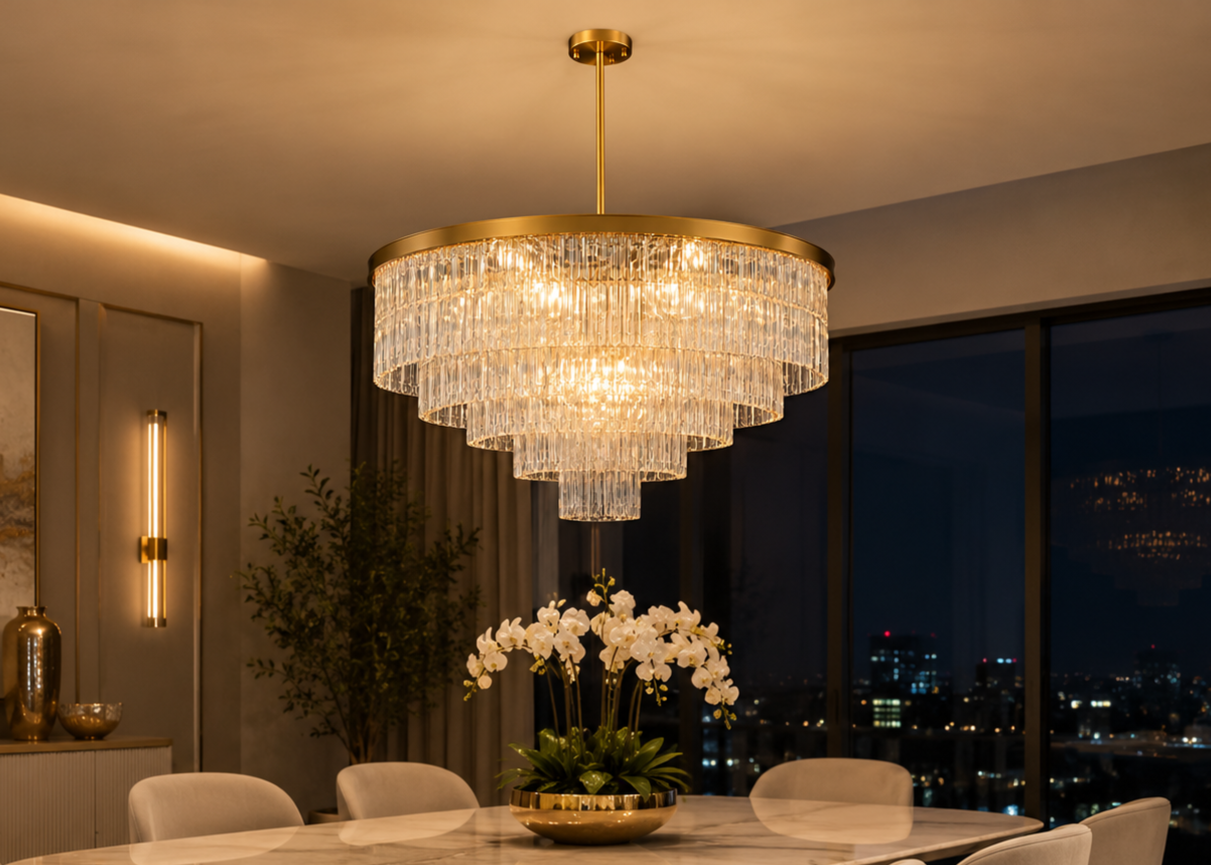 Pendente modelo 5126 com estrutura em metal dourado e vidro, ideal para compor ambientes contemporâneos e refinados.